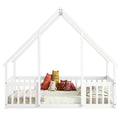 Full Wood House Shaped Floor Bed With Fence, Guardrails,White Full White American Design Pine