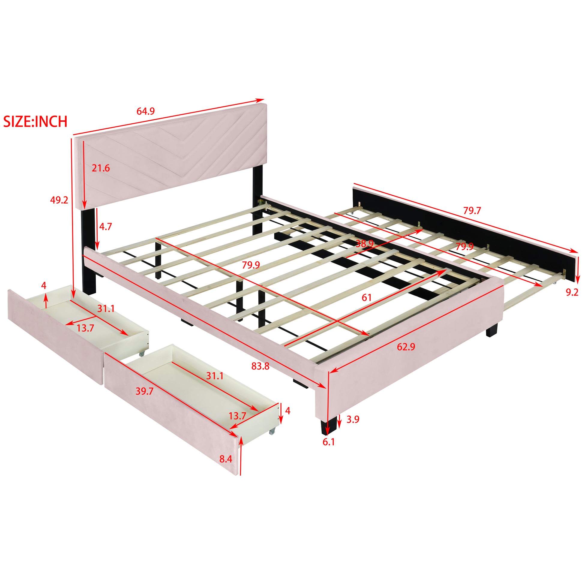 Queen Size Upholstered Platform Bed With Twill Headboard, Pullout Bed And Two Drawers, Flannel,Pink Queen Pink Mdf Lvl