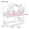 Twin Over Twin House Bunk Bed With Roofwindow, Window Box, Doorwith Safety Guardrails And Ladder, Pink White Twin Pink White Pine