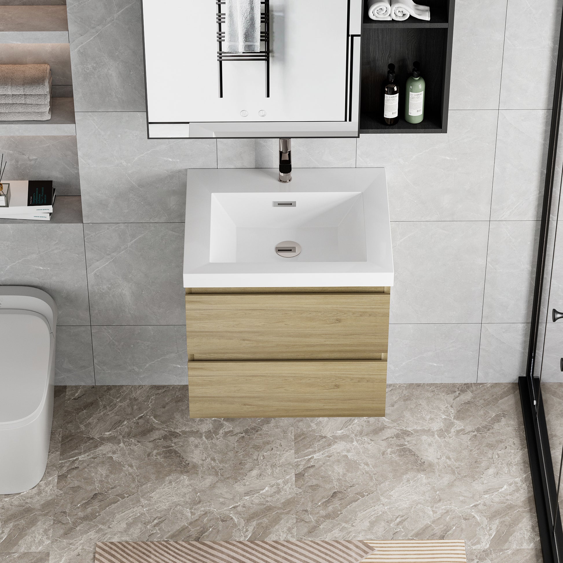 24" Floating Bathroom Vanity With Sink, Modern Wall Mounted Bathroom Storage Vanity Cabinet With Resin Top Basin And Soft Close Drawers, Natural Oak 24V11 24No 2 Oak Bathroom Wall Mounted Melamine