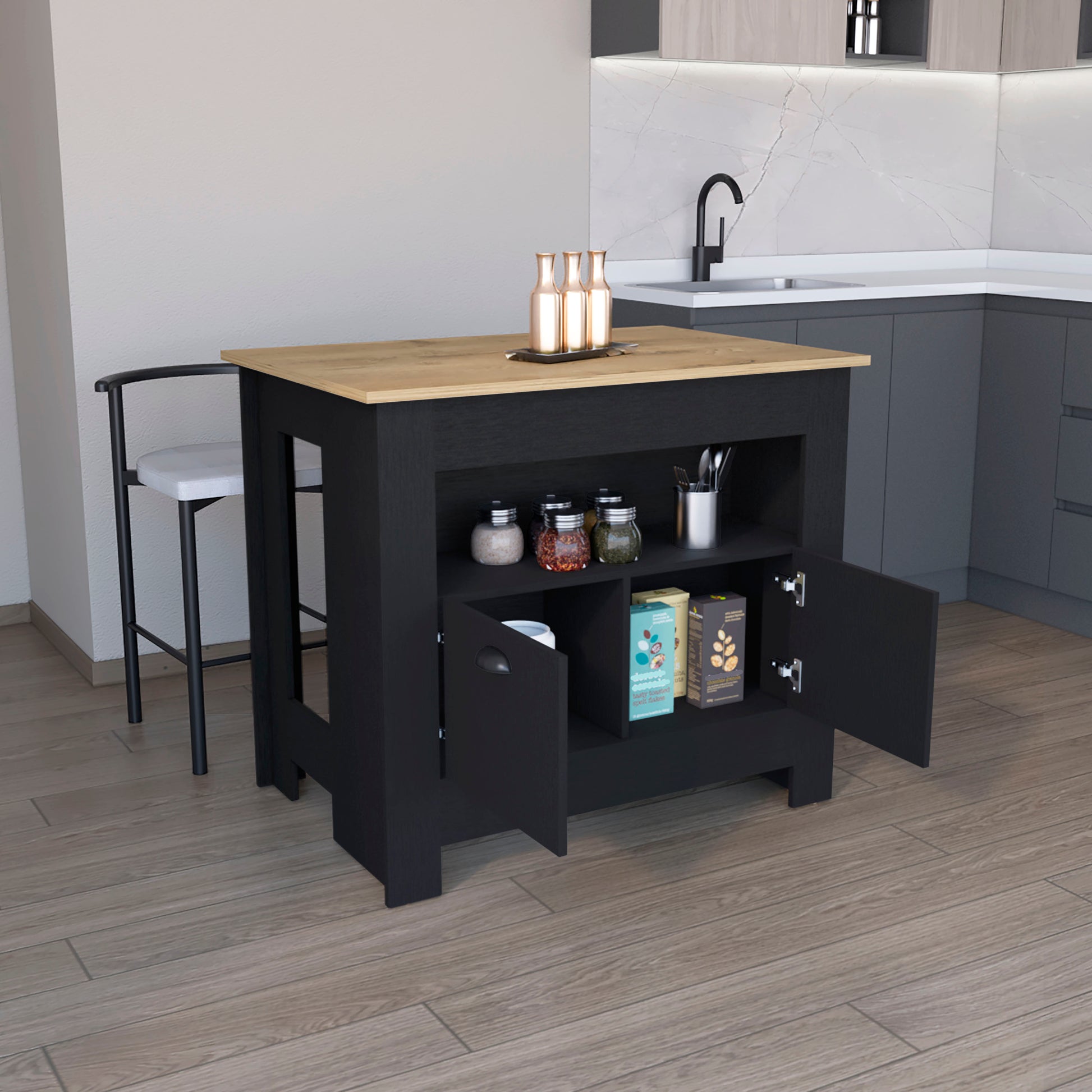 Floyd Kitchen Island 35" H, Whit 2 Doors, 3 Shelves, Black Macadamia Black Solid Wood Mdf Engineered Wood