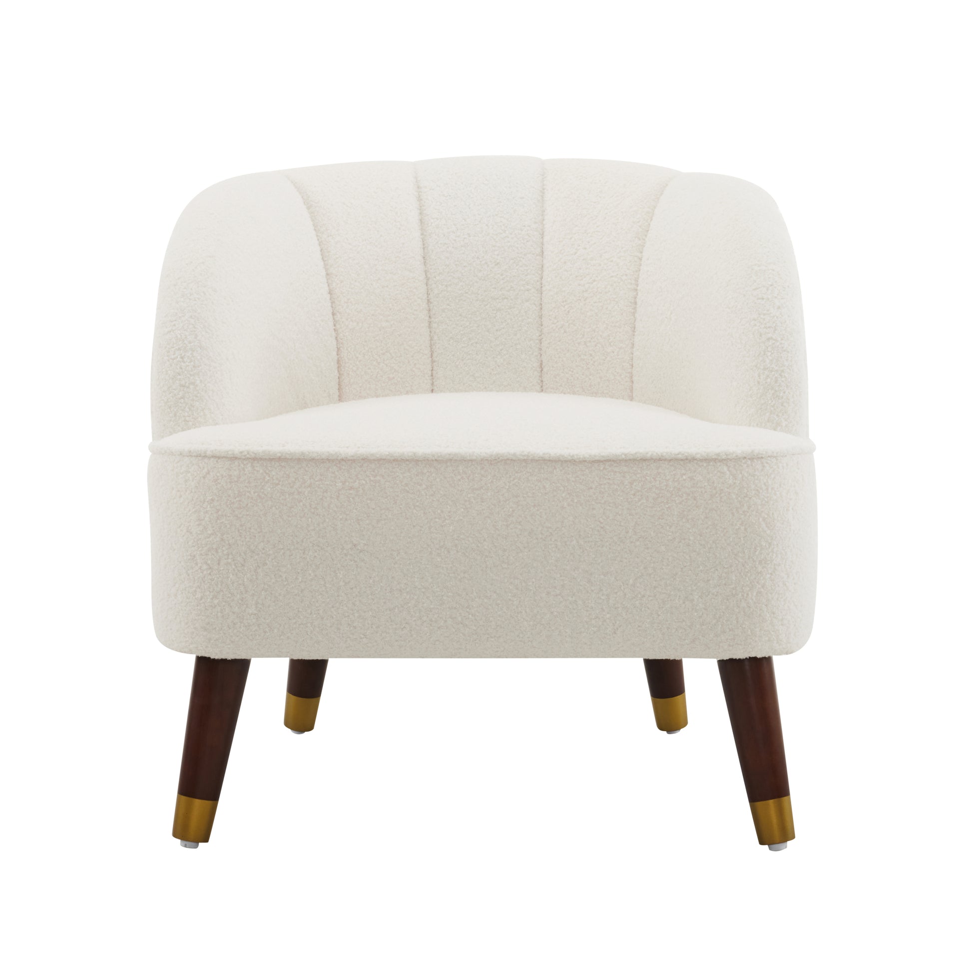 Upholstered Barrel Accent Chair With Wooden Legs White Rubberwood Boucle