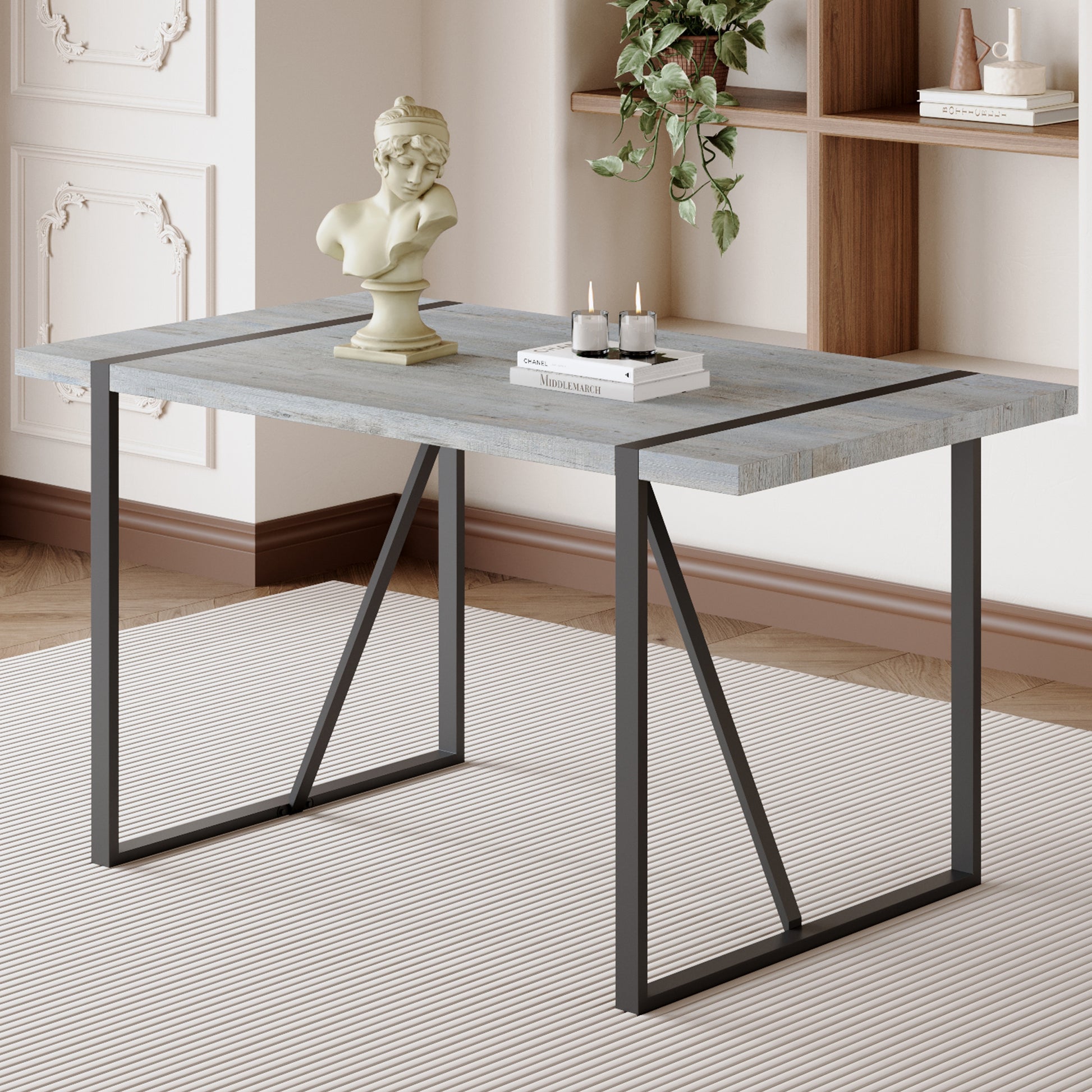 Industrial Rectangular Mdf Light Grey Patterned Dining Table For 4 6 People With 1.5 Inch Thick Mdf Top And Black Metal Legs For Desks, Kitchens, Patios, Dining Rooms Light Gray Mdf