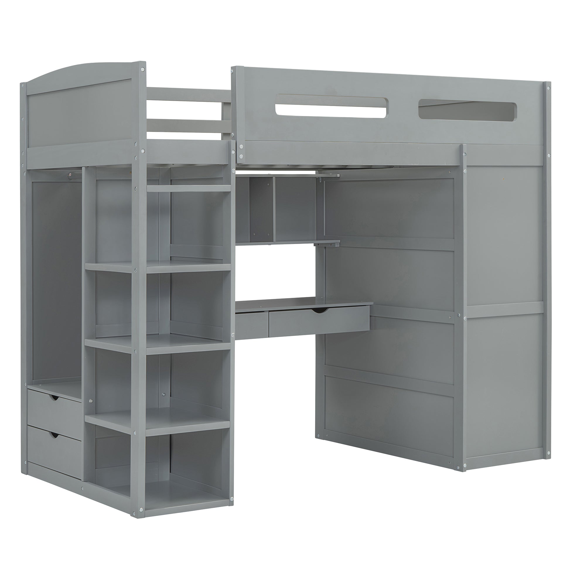 Twin Size Loft Bed With Desk, Wardrobes, 4 Drawers And 4 Shelves Gray Twin Gray Solid Wood