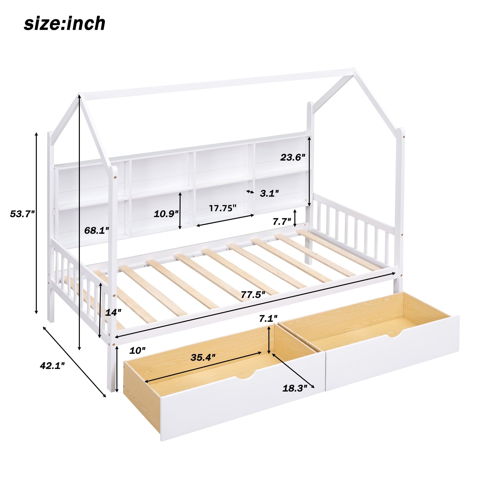 Wooden Twin Size House Bed With 2 Drawers,Kids Bed With Storage Shelf, White Twin White Solid Wood