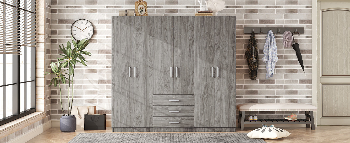 6 Doors Wooden Wardrobe Storage For Bedroom, With Big Drawers, Gray Gray Plywood