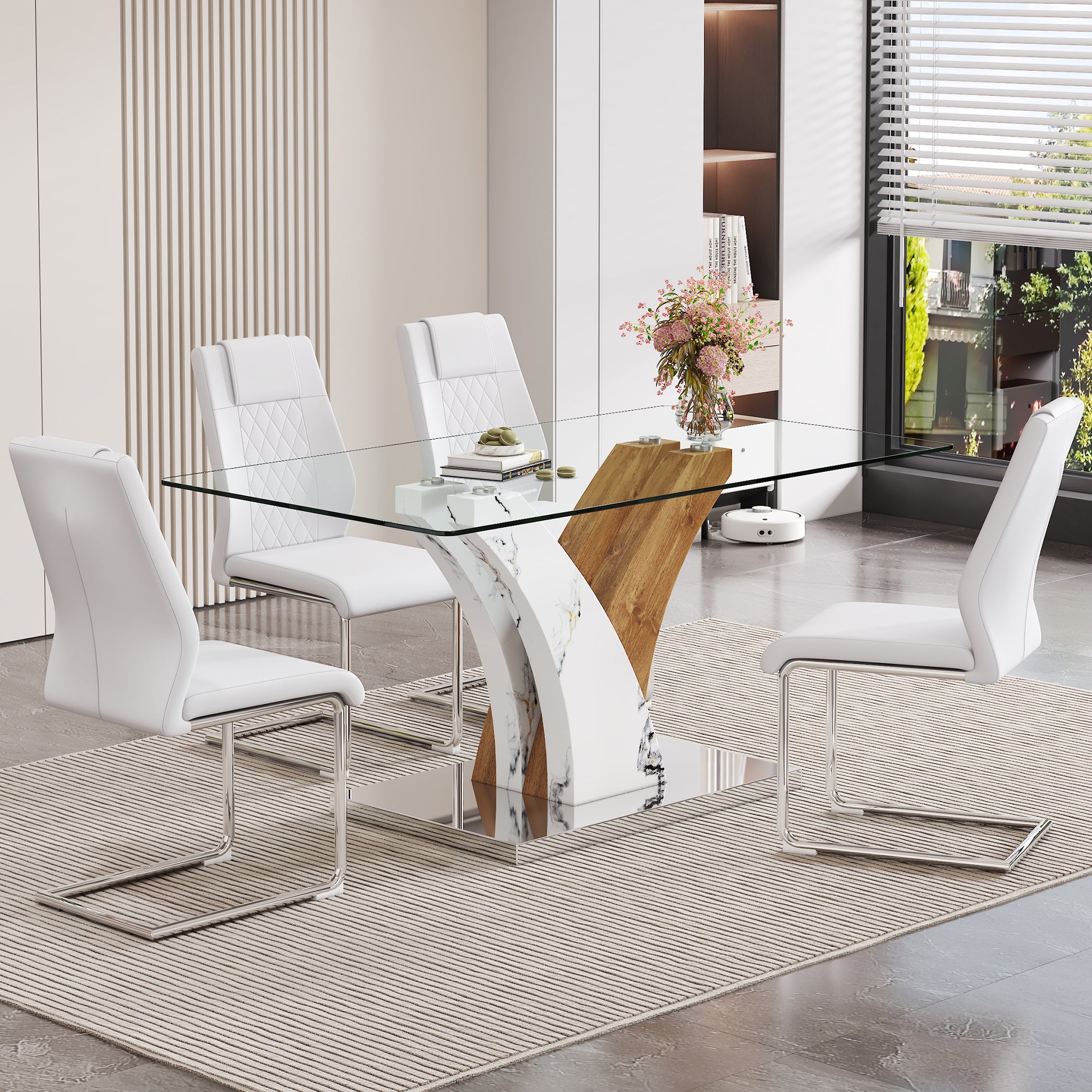 Table And Chair Set.Modern Dining Table, Tempered Glass Countertop With Artistic Mdf Legs.Paried With 4 Comfortable Chairs With Pu Seats And Metal Legs. Suitable For Various Decoration Styles. Transparent,White Seats 4 Mdf Glass