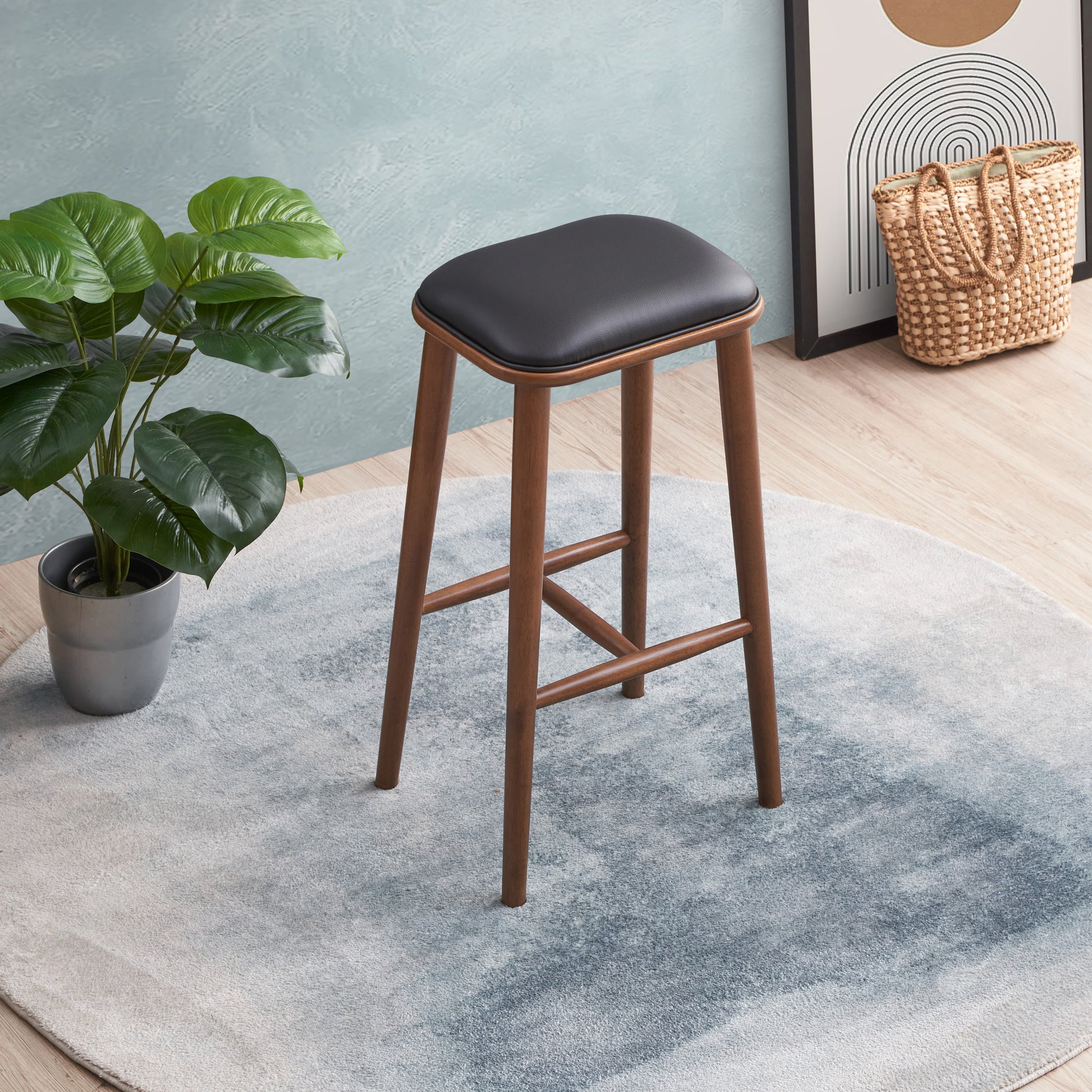 Jason Pu Leather Bar Stool Solid Black,Brown,Wood Brown Dining Room Foam Wipe Clean Rectangular Mid Century Modern Bar Stools Foam Pu Leather,Solid Wood