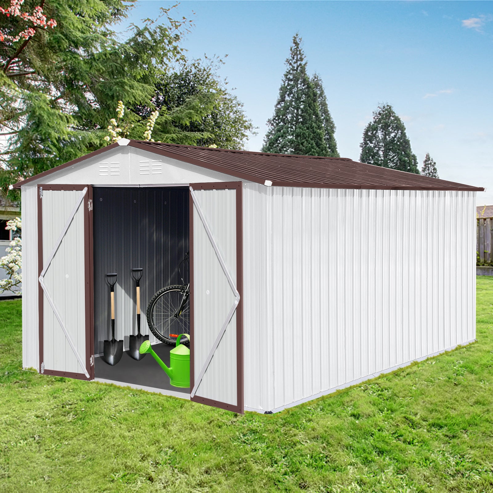 Metal Garden Sheds 10Ftx12Ft Outdoor White Coffee White Metal