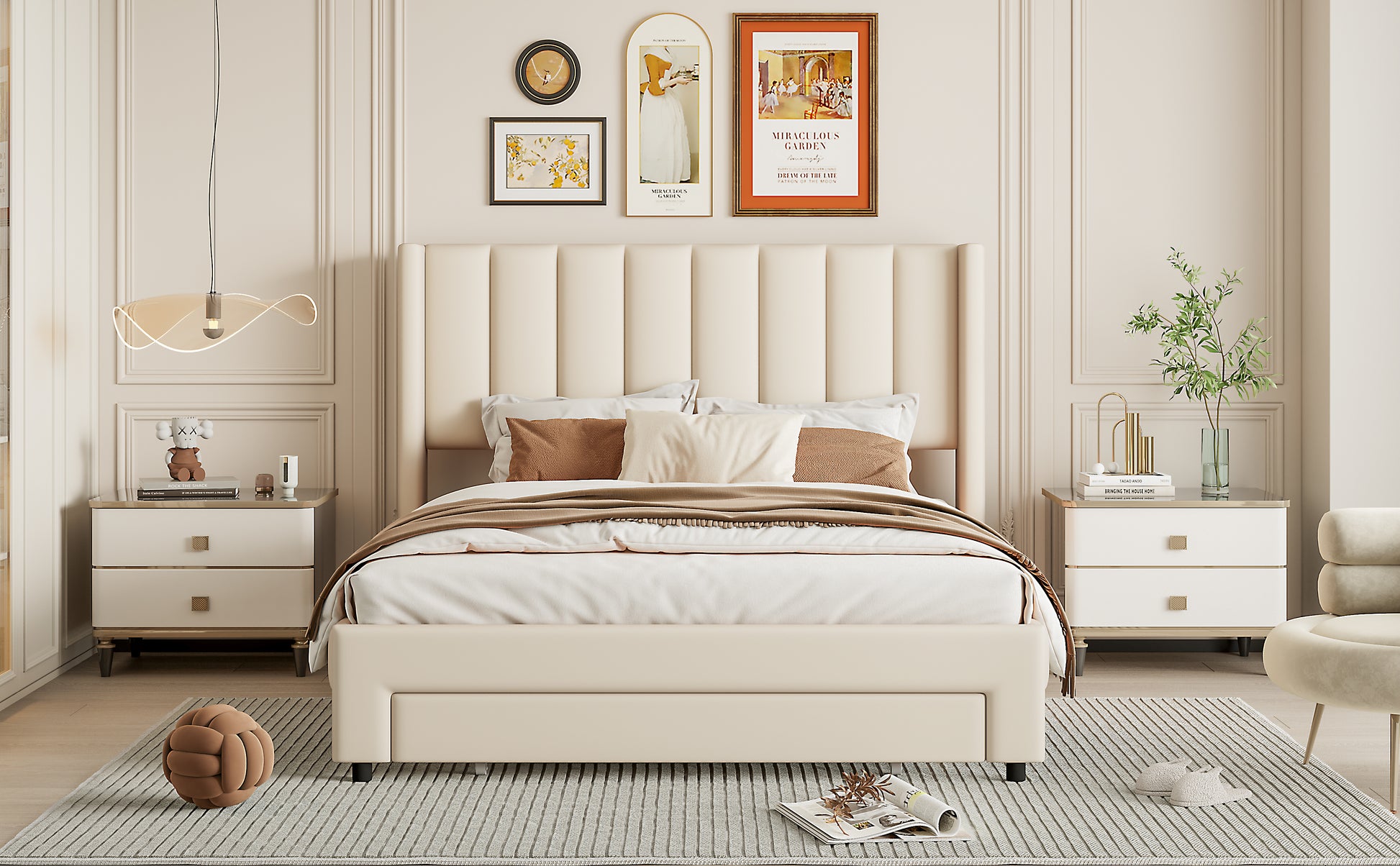 Full Size Storage Bed Velvet Upholstered Platform Bed With A Big Drawer Beige Old Sku:Wf296850Aaa Full Beige Velvet