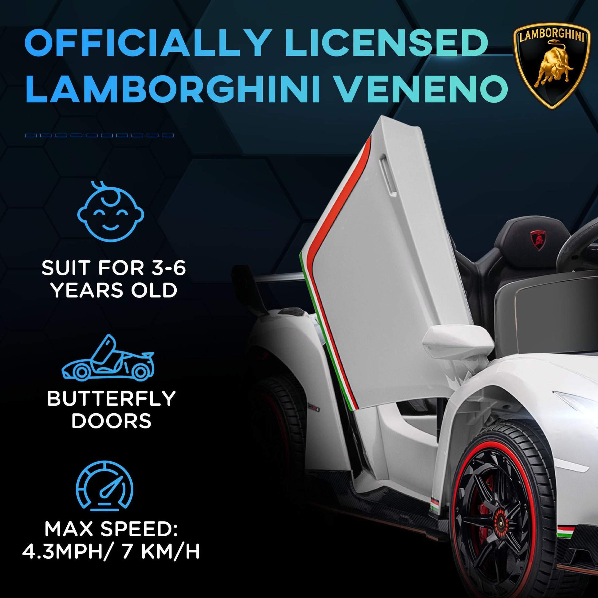 Aosom Lamborghini Veneno Licensed Kids Electric Car With Bluetooth, 12V Ride On Car With Butterfly Doors, Remote Control, Portable Battery, Suspension System, Horn, Songs, Lights, White White Plastic