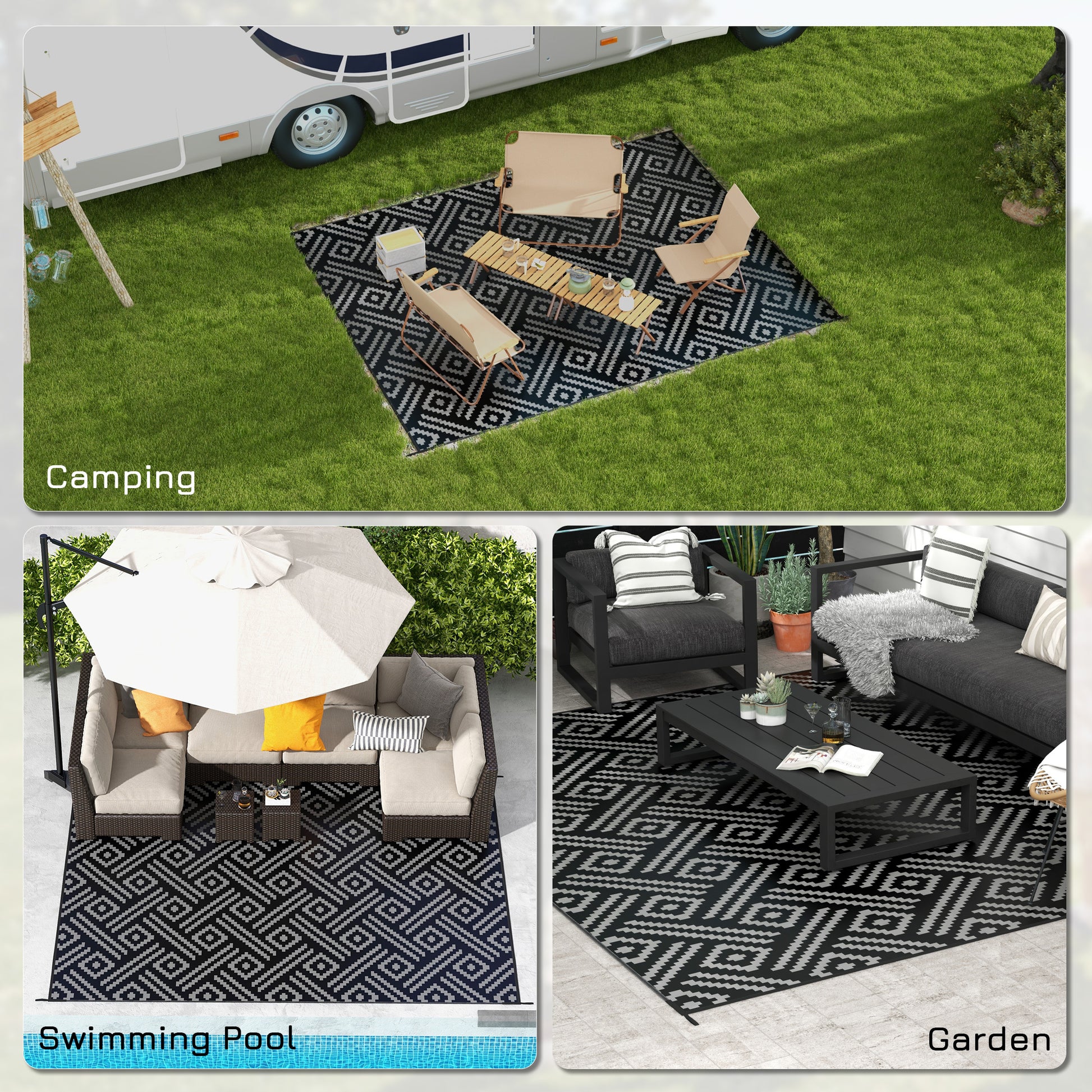 Outsunny Reversible Outdoor Rug, 9' X 12' Waterproof Plastic Straw Floor Mat, Portable Rv Camping Carpet With Carry Bag, Large Floor Mat For Backyard, Deck, Picnic, Beach, Black & Gray Geometric Multicolor Polypropylene
