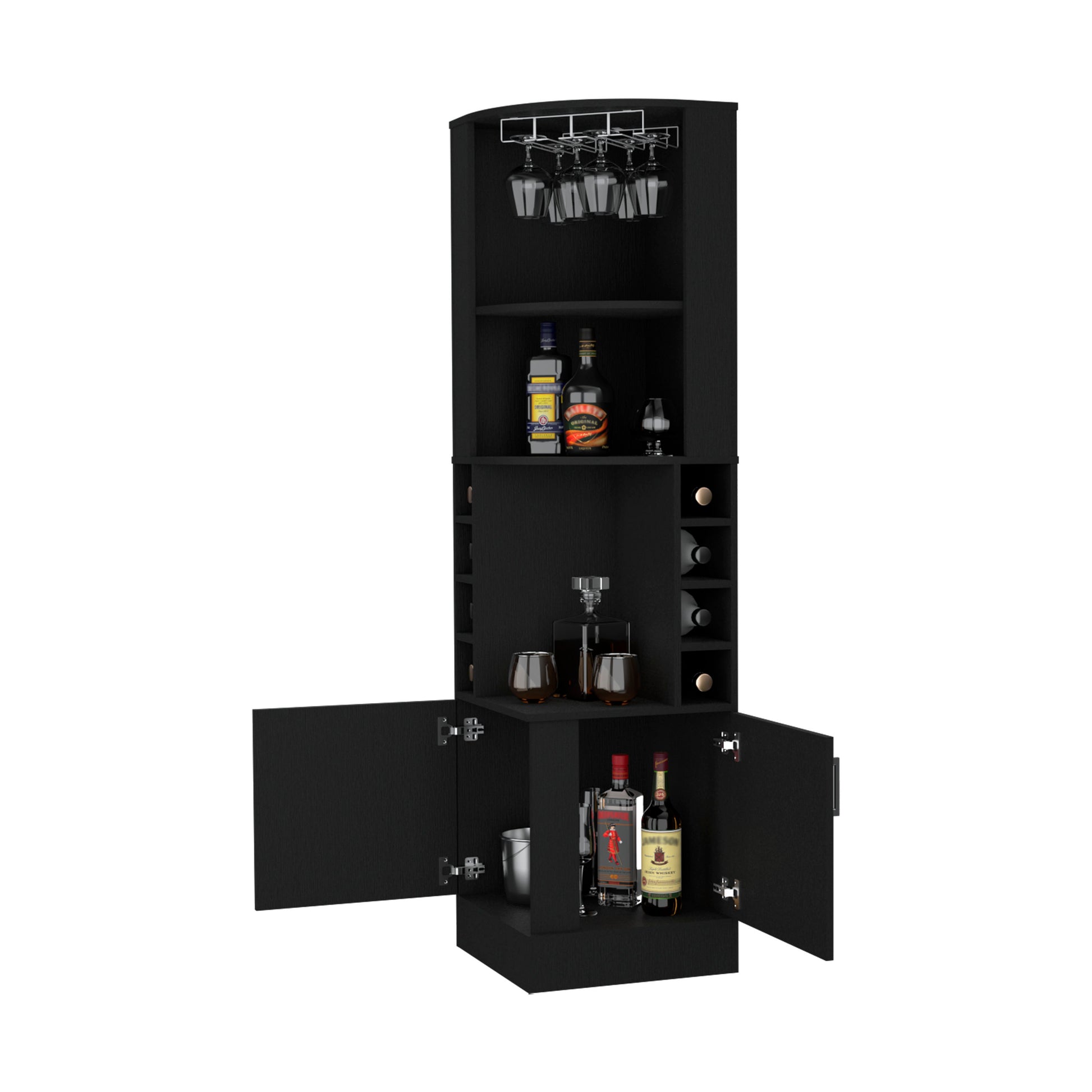 Delhi Corner Bar Cabinet, Eight Built In Wine Rack, Glass Rack, Double Door Cabinet Black Melamine Particle Board