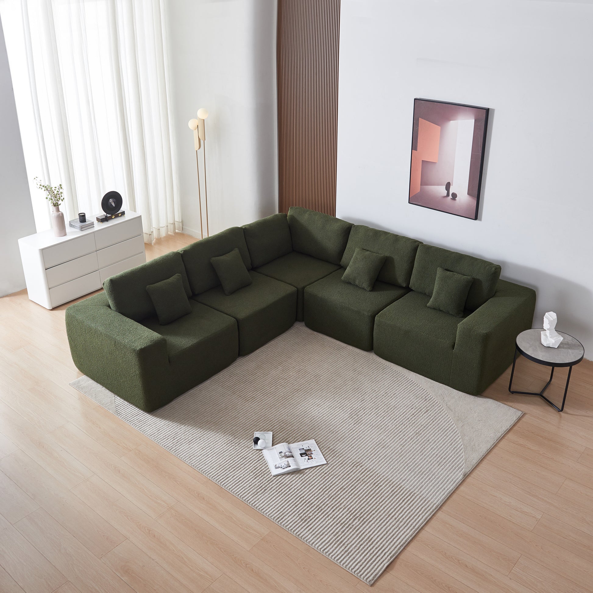 Luxury Modern U Shaped Sectional Sofa Couch, Large Modular Sherpa Fabric Couch For Living Room, High Density Foam, Comfortable, Easy Assembly, Perfect For Families And Entertaining Guests Green Medium Soft Foam Sherpa 5 Seat