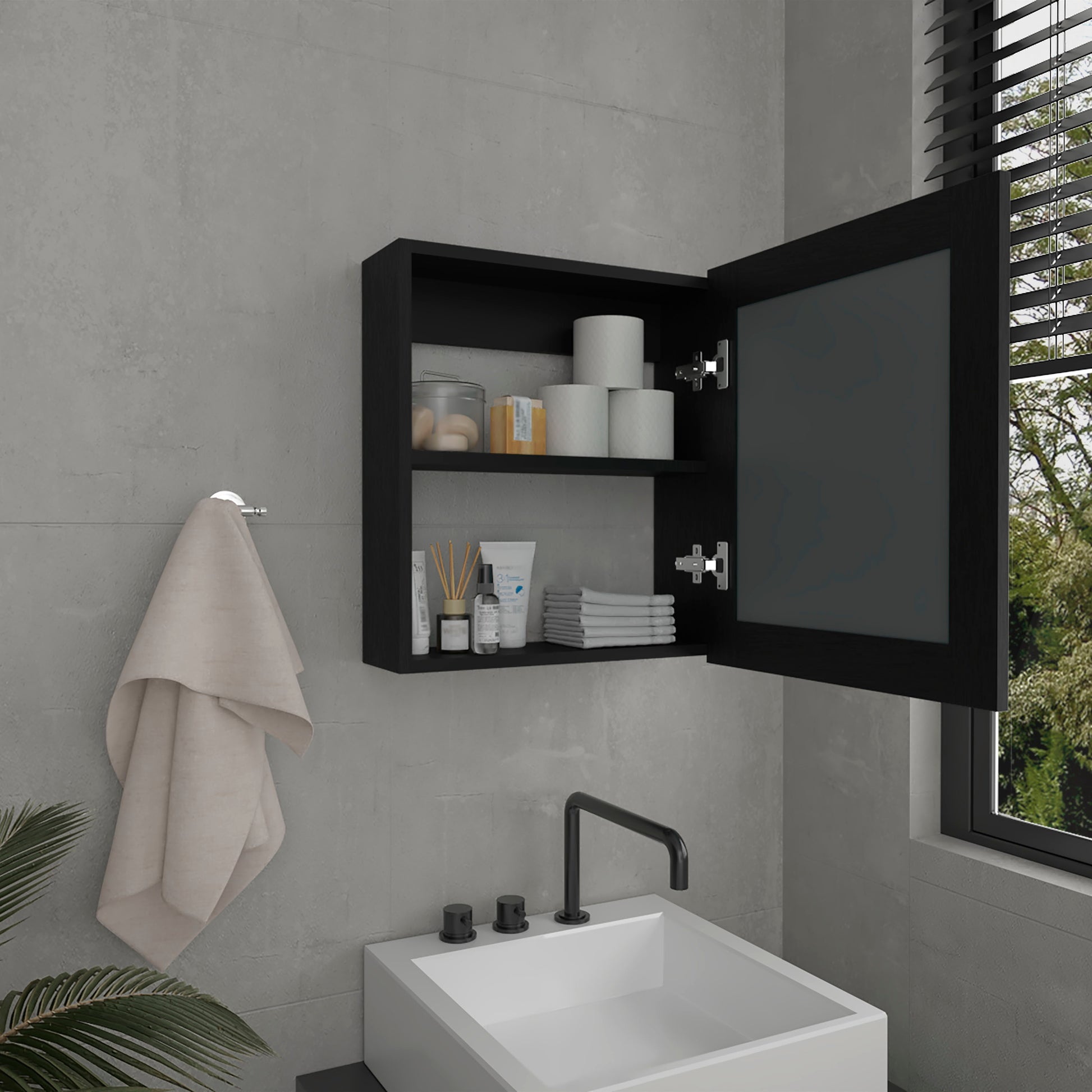 Luma Medicine Cabinet With Mirror Door 20.5" High Cabinet Organizer With Two Interior Shelves For Bathroom, Kitchen, Mudroom Black 1 2 Bathroom Freestanding Modern Particle Board