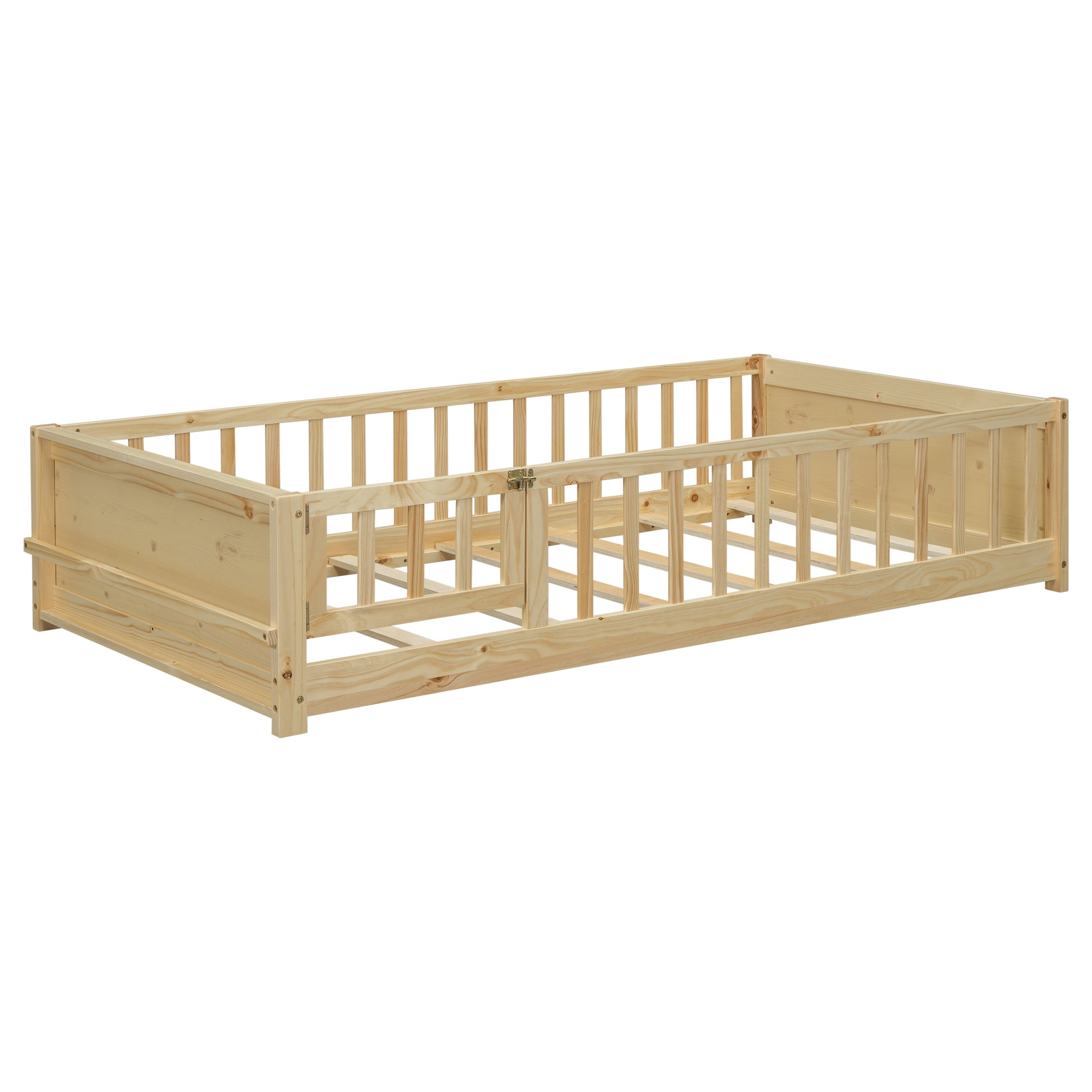 Twin Size Floor Platform Bed With Built In Book Storage Rack, Door,Natural Twin Natural American Design Pine