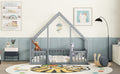 Twin Wood House Shaped Floor Bed With Fence, Guardrails ,Grey Twin Grey American Design Pine