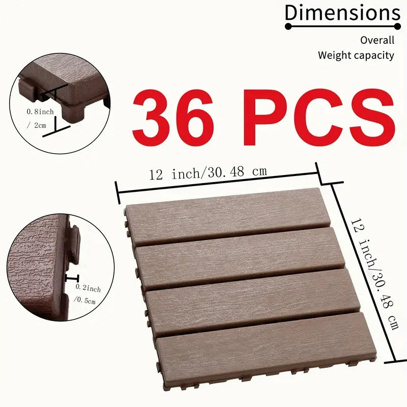 Plastic Interlocking Deck Tiles,36 Pack Patio Deck Tiles,12"X12" Square Waterproof Outdoor All Weather Use, Patio Decking Tiles For Poolside Balcony Backyard, Brown Brown Abs