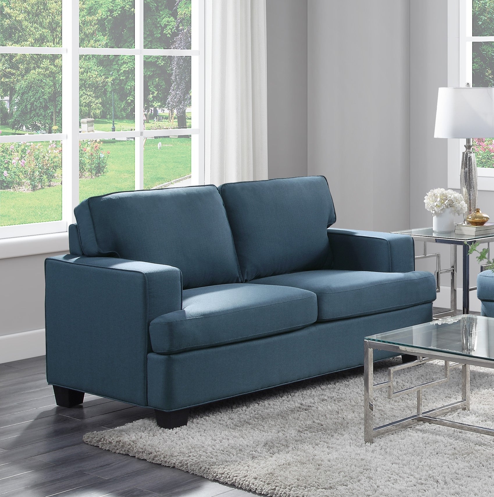 Transitional Style 2Pc Sofa Set Blue Textured Fabric Upholstered Sofa And Loveseat Track Arms Solid Wood Frame Living Room Furniture 1Pc Blue Polyester Wood Primary Living Space Transitional Square Arms Plywood,Solid Wood 5 Seat