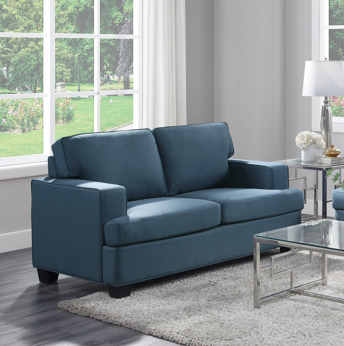 Transitional Style Beautiful Seat Blue Textured Fabric Upholstered Solid Wood Frame Living Room Furniture 1Pc Blue Polyester Wood Primary Living Space Transitional Square Arms Plywood,Solid Wood