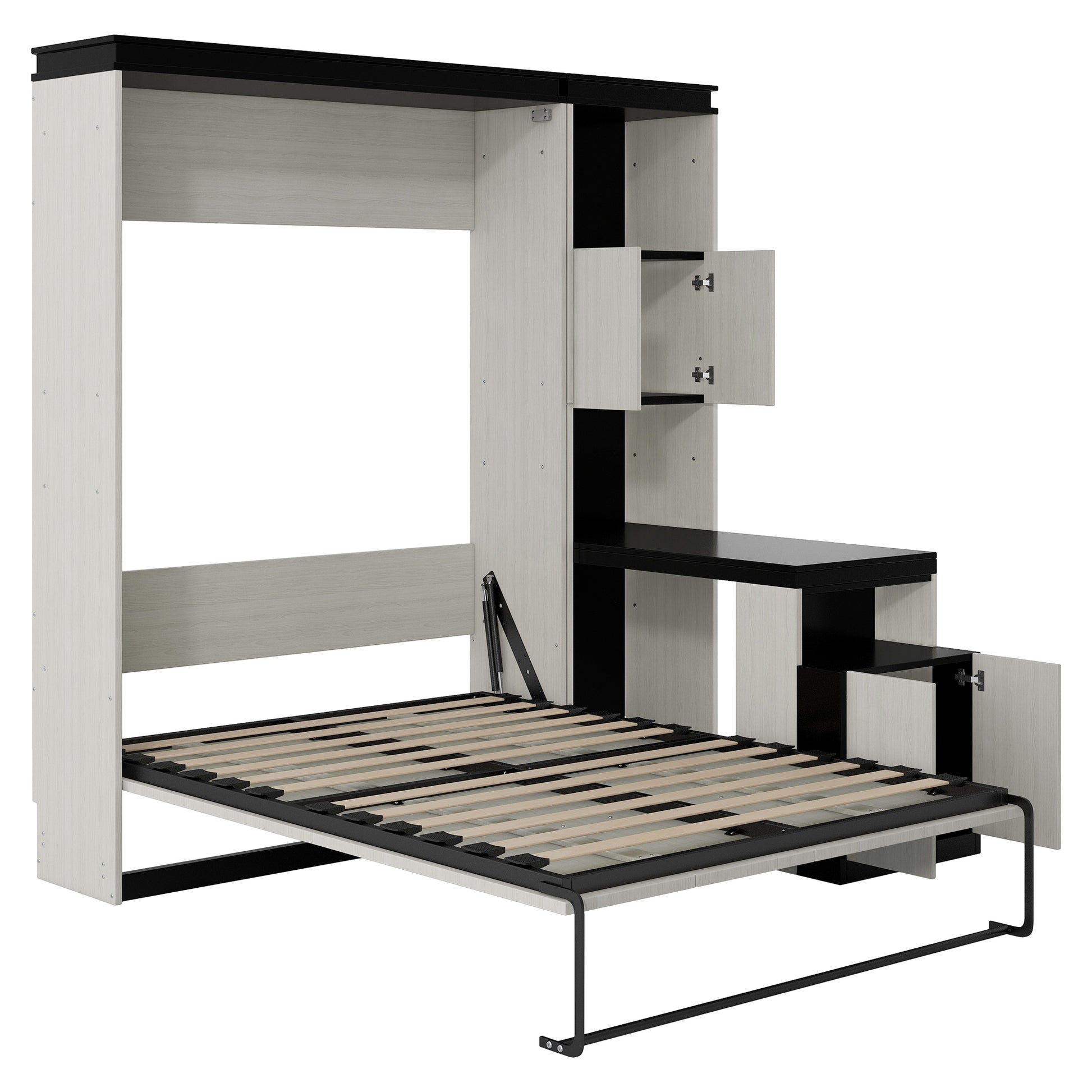 Full Size Murphy Bed With Desk And Storage Shelves And Cabinets, Black White Box Spring Not Required Full Black White Solid Wood Mdf