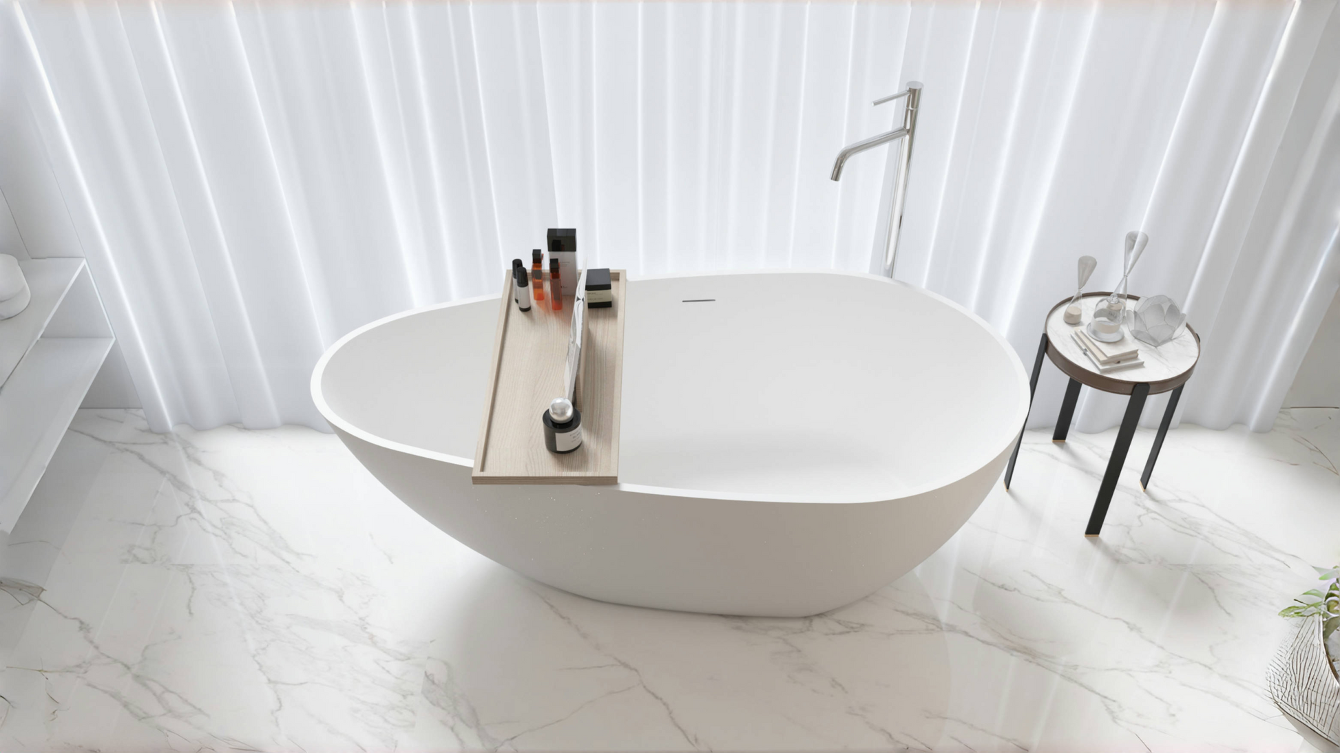 59" Freestanding Solid Surface Bathtub, Luxury Handcrafted Stone Resin Freestanding Soaking Bathtub With Overflow And Pop Up Drain, Matte White 24S02 59Mw White Bathroom Freestanding Tubs Solid Surface