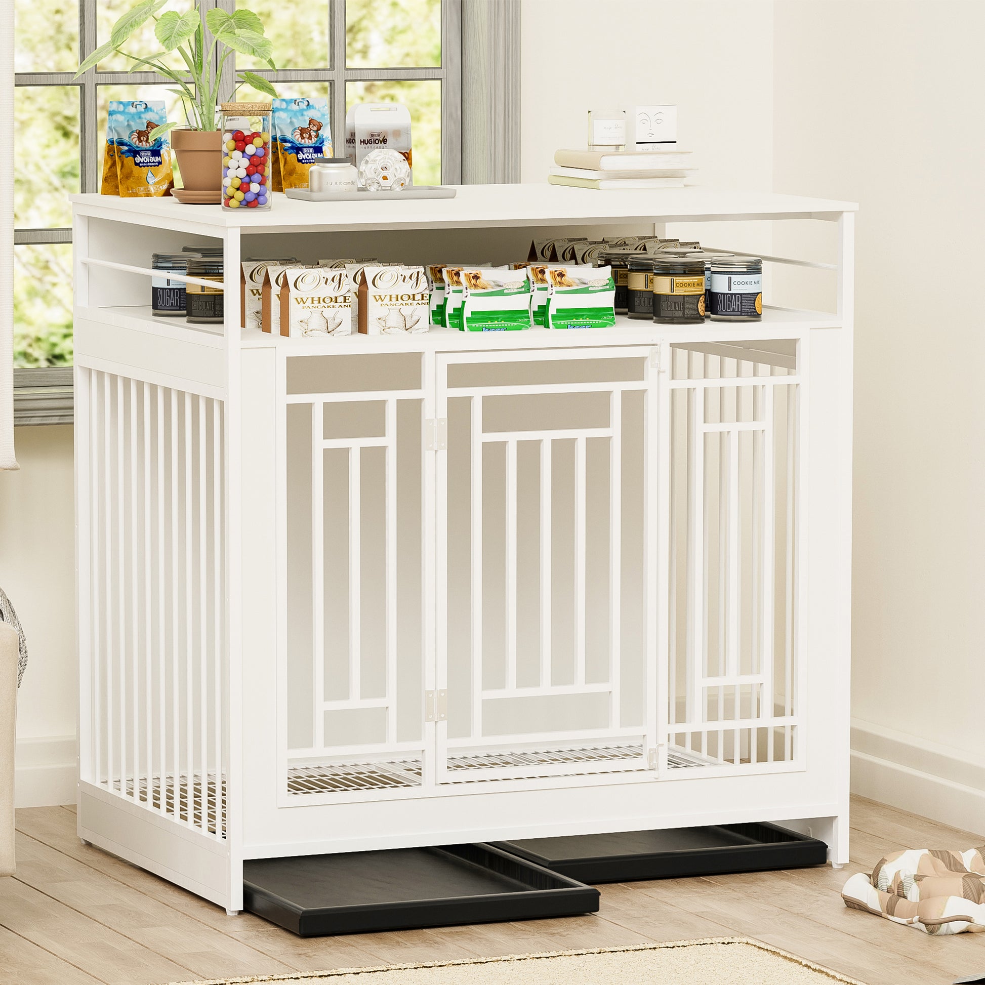 43.3 Inch Dog Crate Furniture For Large Dogs,Wooden Dog Crate With Divider,Double Door Dog Kennel With Three Drawers Storages,Heavy Duty Dogs Decorative Pet House For Large Medium Dogs ,White White