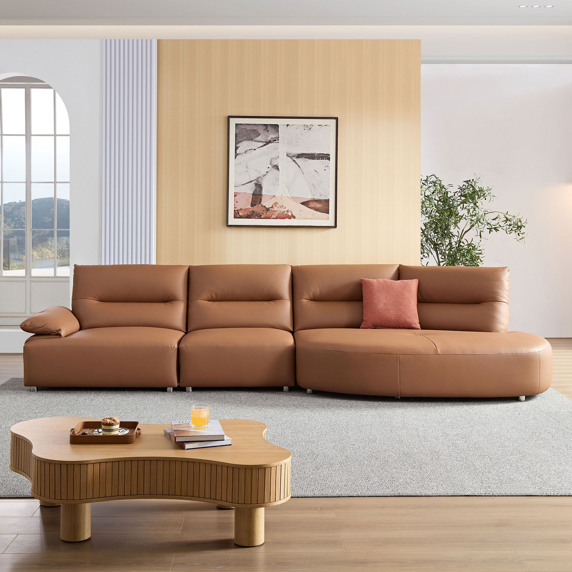 147.24'' Oversied Modern Sectional Curved Shaped Sofa Couch For Living Room,Upholstered 5 Seat Sofa Eco Leather Couch Set,Brown Brown Foam 5 Seat