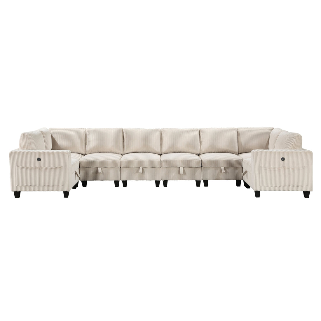 8 Piece Modular Sectional With Storage Seats, Side Pockets, Charging Ports Beige Corduroy Fabric Modern Living Room Sectional Couch Solid Wood Furniture Beige Polyester Wood Primary Living Space Modern Solid Wood 8 Seat