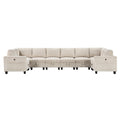 8 Piece Modular Sectional With Storage Seats, Side Pockets, Charging Ports Beige Corduroy Fabric Modern Living Room Sectional Couch Solid Wood Furniture Beige Polyester Wood Primary Living Space Modern Solid Wood 8 Seat