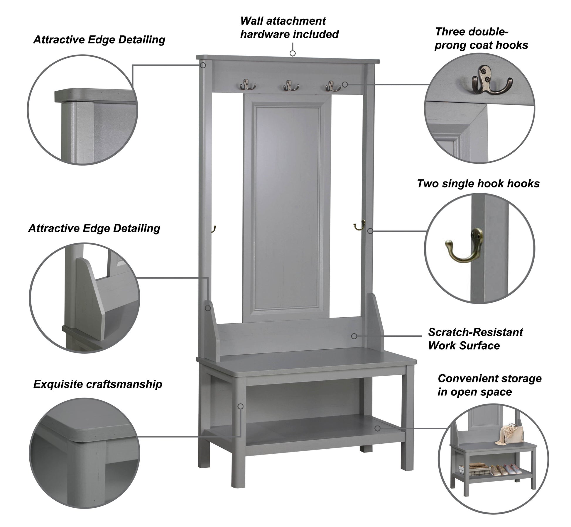 Hall Tree & Shoe Bench "Elegant Cape Code Gray Hall Tree With Bench And Spacious Shoe Storage Versatile And Stylish Entryway Organizer" Grey Solid Wood