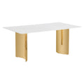 Table And Chair Set.The Table Has A Glass Tabletop With Imitation Marble Pattern Stickers And Stainless Steel Golden Table Legs. Paried With Comfortable Chairs With Pu Seats And Metal Legs. White