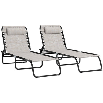 Outsunny Folding Chaise Lounge Pool Chair Set Of 2, Patio Sun Tanning Chair, Outdoor Lounge Chair With 4 Position Reclining Back,Mesh Seat For Beach, Yard, Patio, Cream Cream White Steel