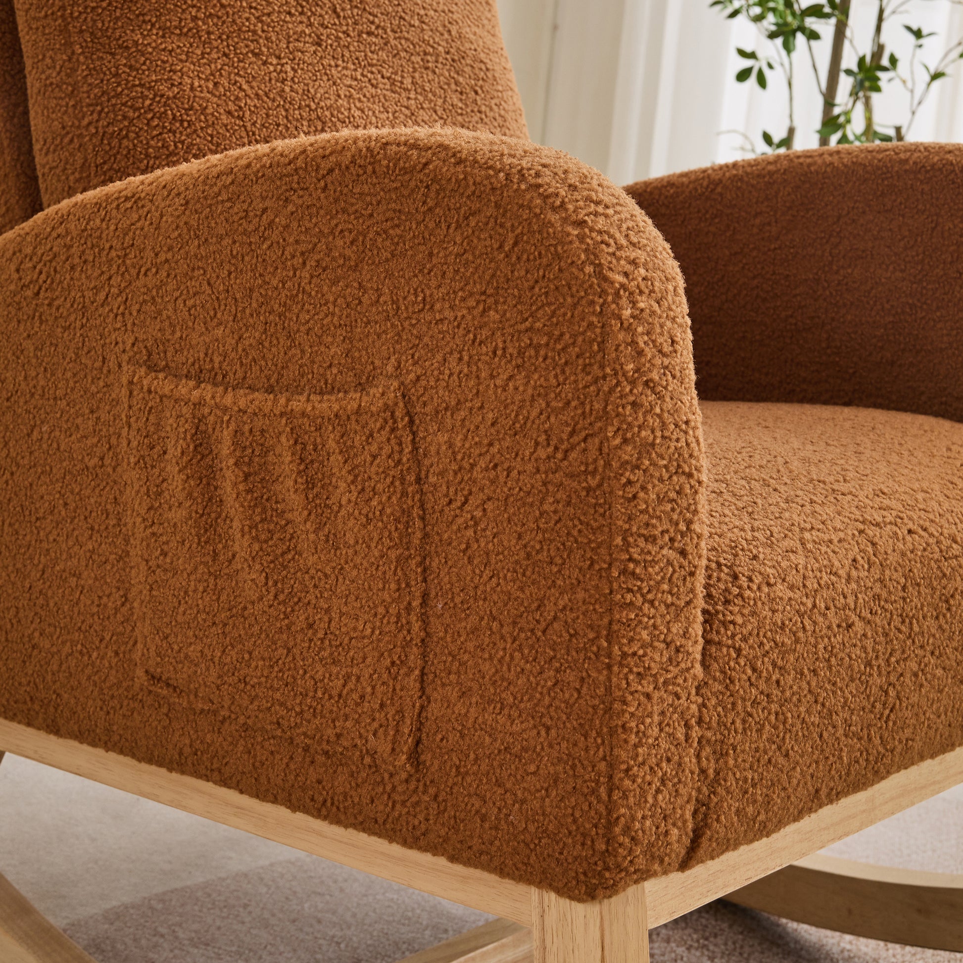 27.2"W Rocking Chair For Nursery, Sherpa Glider Chair With High Back And Side Pocket, Rocking Accent Armchair With Rubber Wood Legs For Living Room Bedroom.Caramel Caramel Sherpa