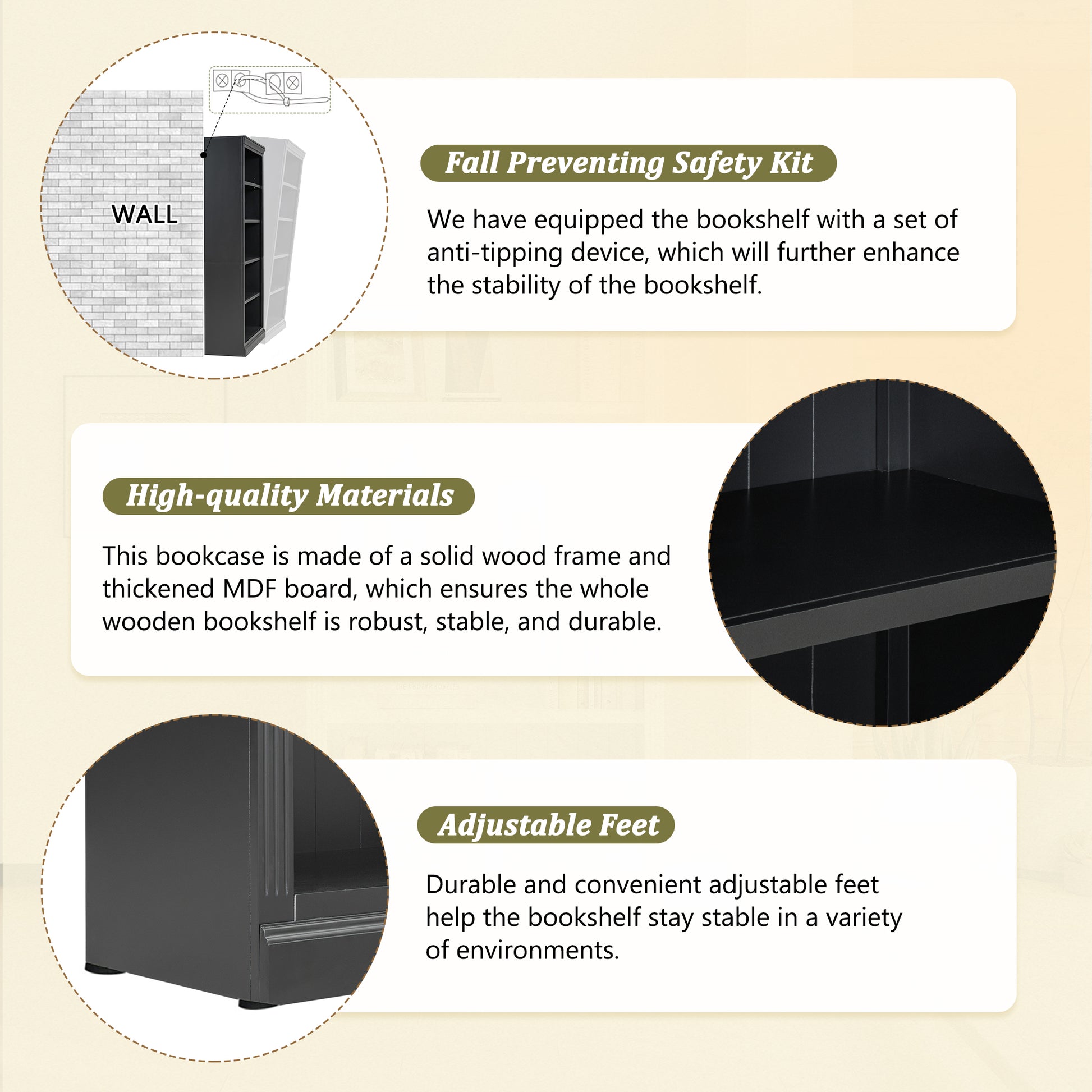 83" Tall Wood Bookcase Suite With Light Strip ,5 Tier Home Decor Bookcase Suite With Adjustable Shelves,Storage Organizer,Free Standing Storage Shelves Suite For Living Room,Home Office,Black Black