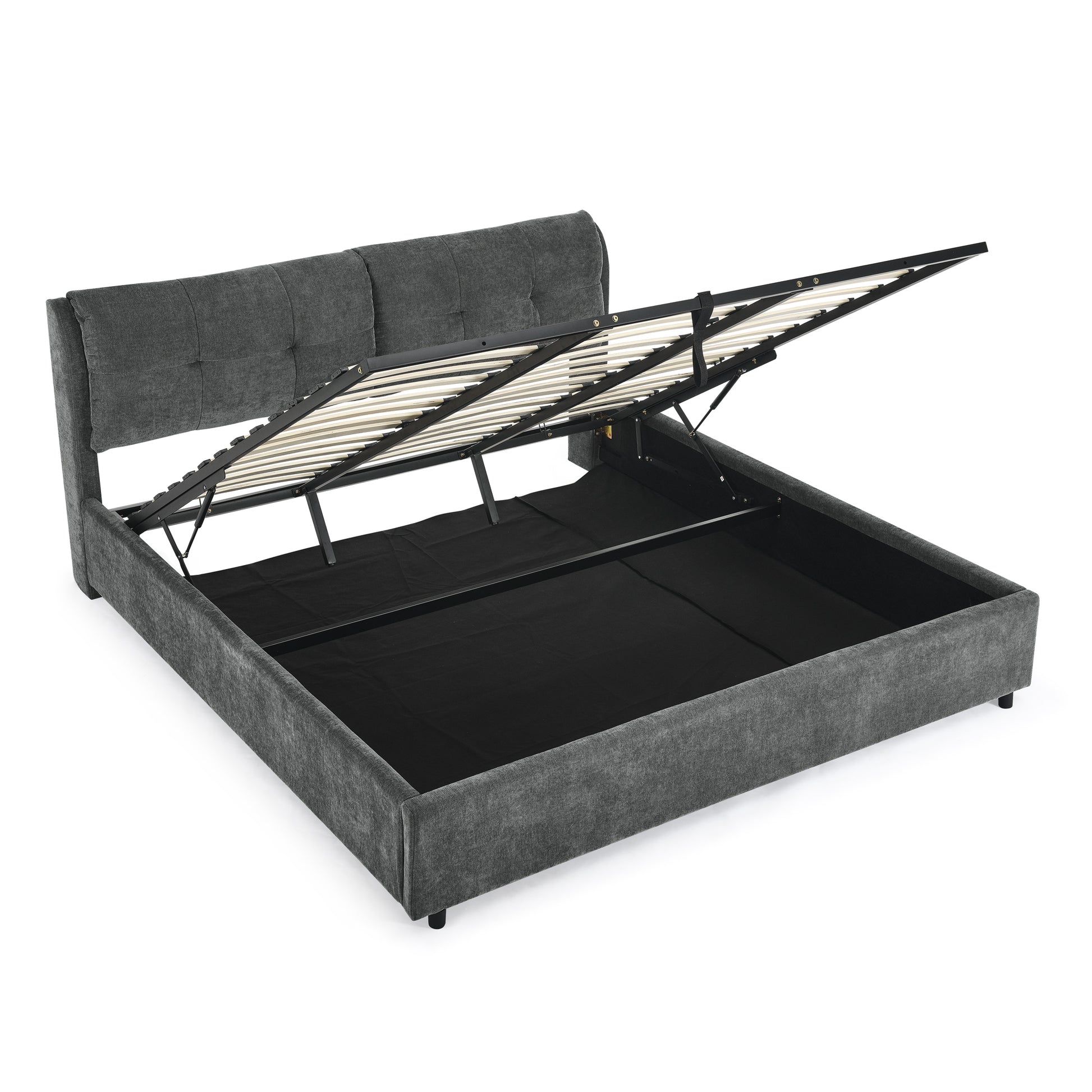 King Size Storage Upholstered Hydraulic Platform Bed With Integrated Headboard, Chenille Fabric, Gray King Gray Bedroom Luxury,Modern Chenille Chenille