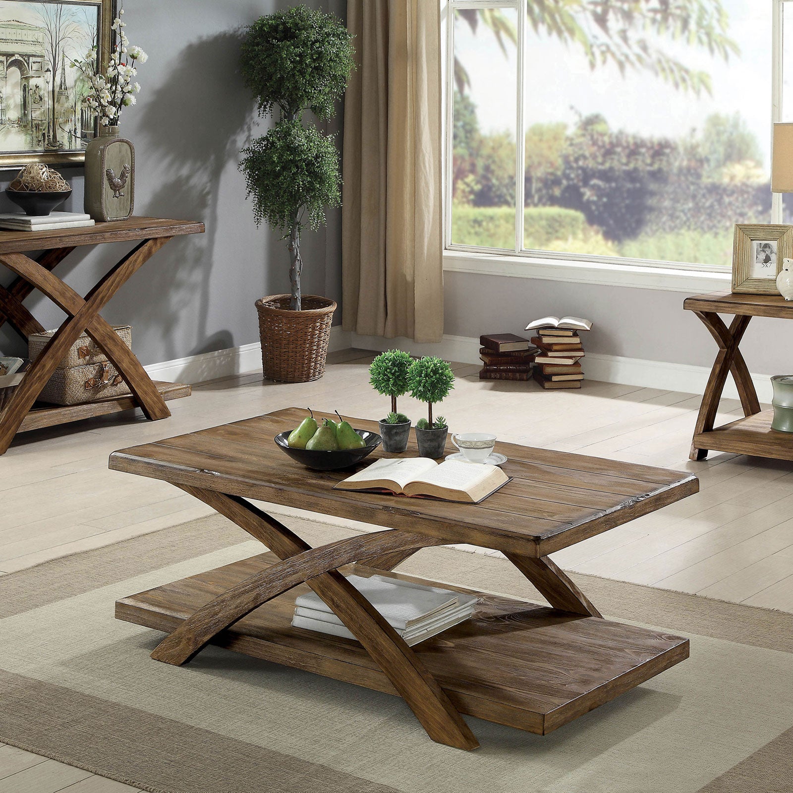 Transitional 3Pc Table Set Occasional Tables Living Room 1X Coffee Table And 2X End Tables Plank Style Top Antique Light Oak Light Oak Primary Living Space Antique,Contemporary,Modern,Rustic,Transitional Rubberwood Open Storage Rectangular Coffee & End