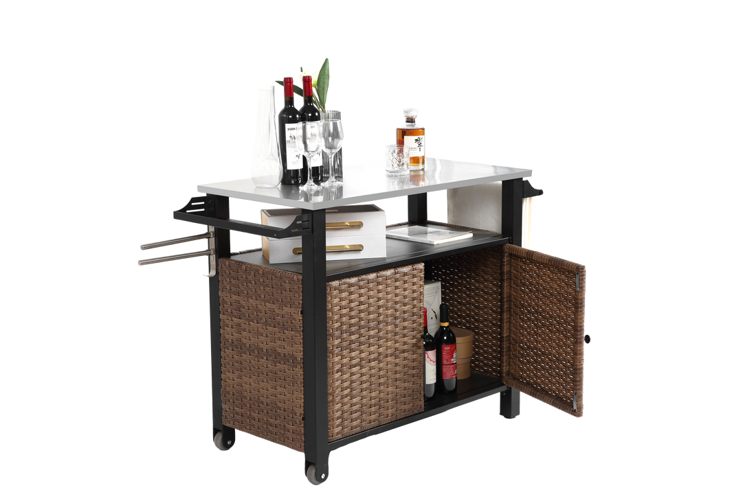 Outdoor Kitchen Wicker Island Rolling Cart & Storage Cabinet, Wheels And Stainless Steel Extended Table Top, Side Handle For Patio Kitchen Or Bar Cart, Brown No Brown Garden & Outdoor Steel