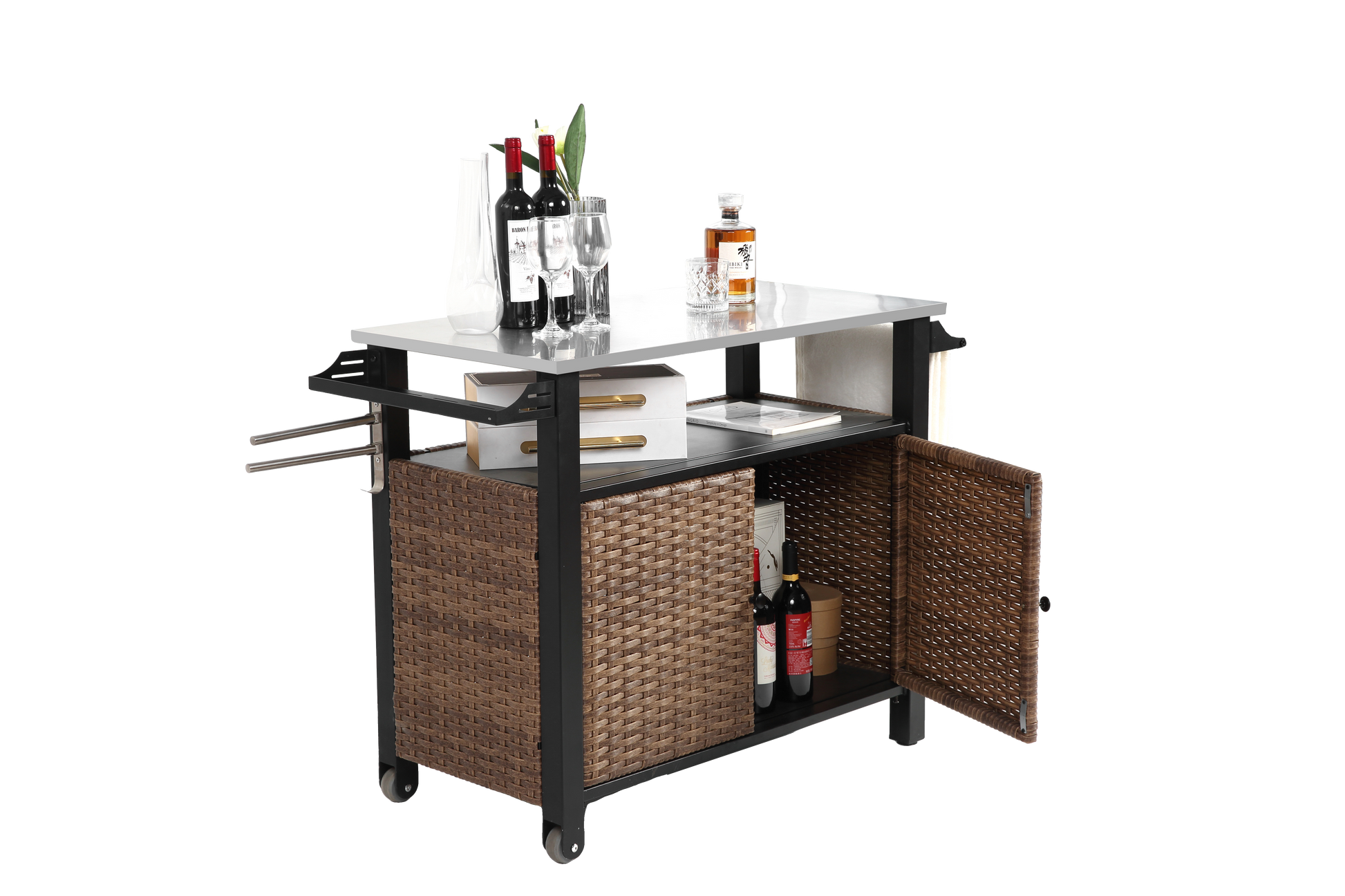Outdoor Kitchen Wicker Island Rolling Cart & Storage Cabinet, Wheels And Stainless Steel Extended Table Top, Side Handle For Patio Kitchen Or Bar Cart, Brown No Brown Garden & Outdoor Steel