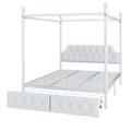 Queen Size Metal Canopy Platform Bed With Upholstered Headboard And Two Storage Drawers, White Queen White Metal