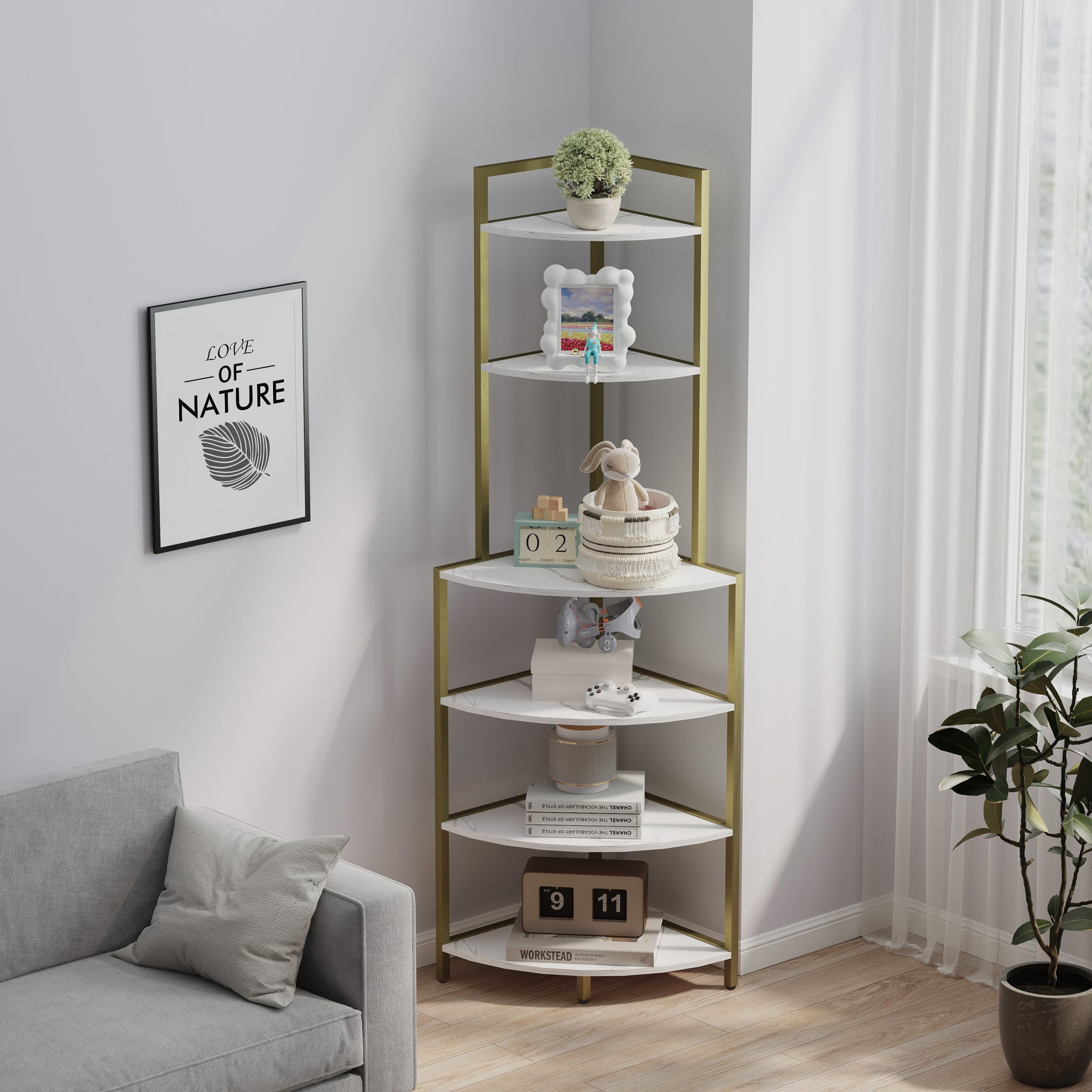 6 Tier Corner Open Shelf Modern Bookcase Wood Rack Freestanding Shelving Unit,Plant Album Trinket Sturdy Stand Small Bookshelf Space Saving For Living Room Home Office Kitchen Small Space Rustic Brown Gold White Corner Office American Design,Rustic