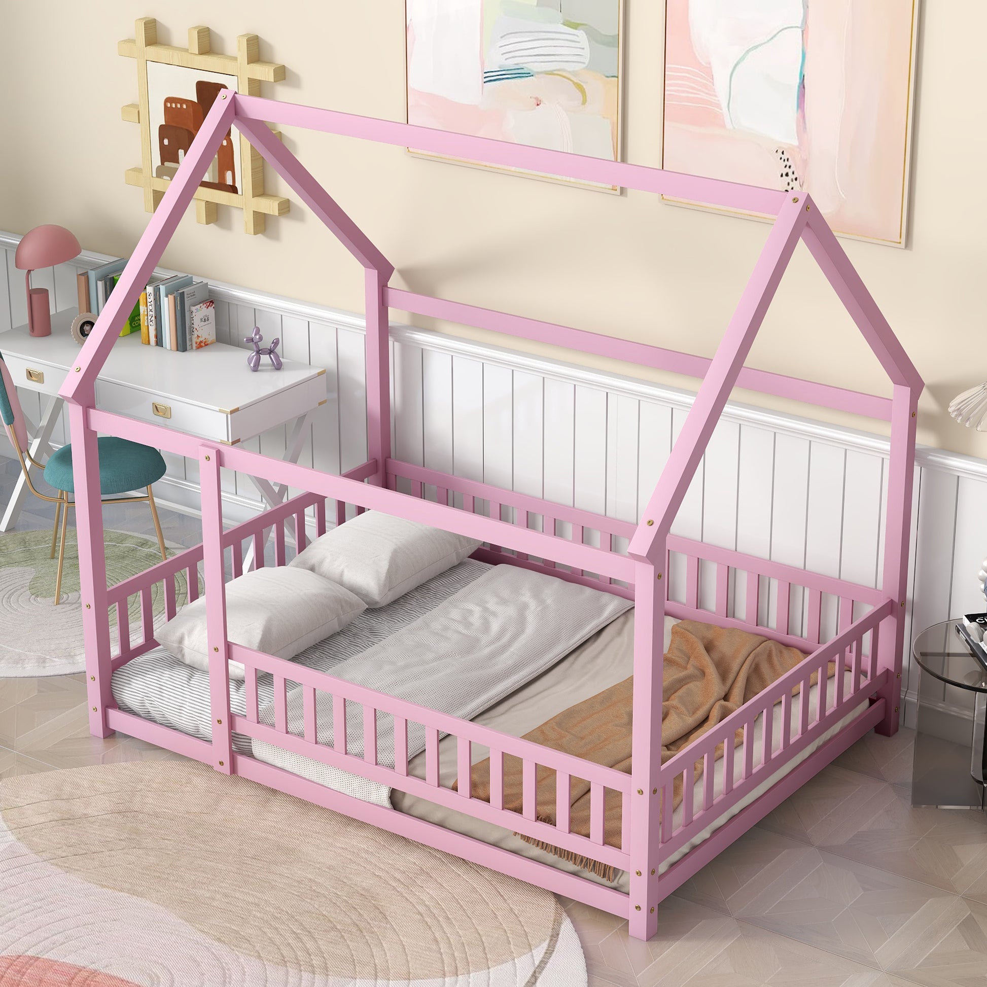 Full Size Floor Wooden Bed With House Roof Frame, Fence Guardrails ,Pink Full Pink Pine