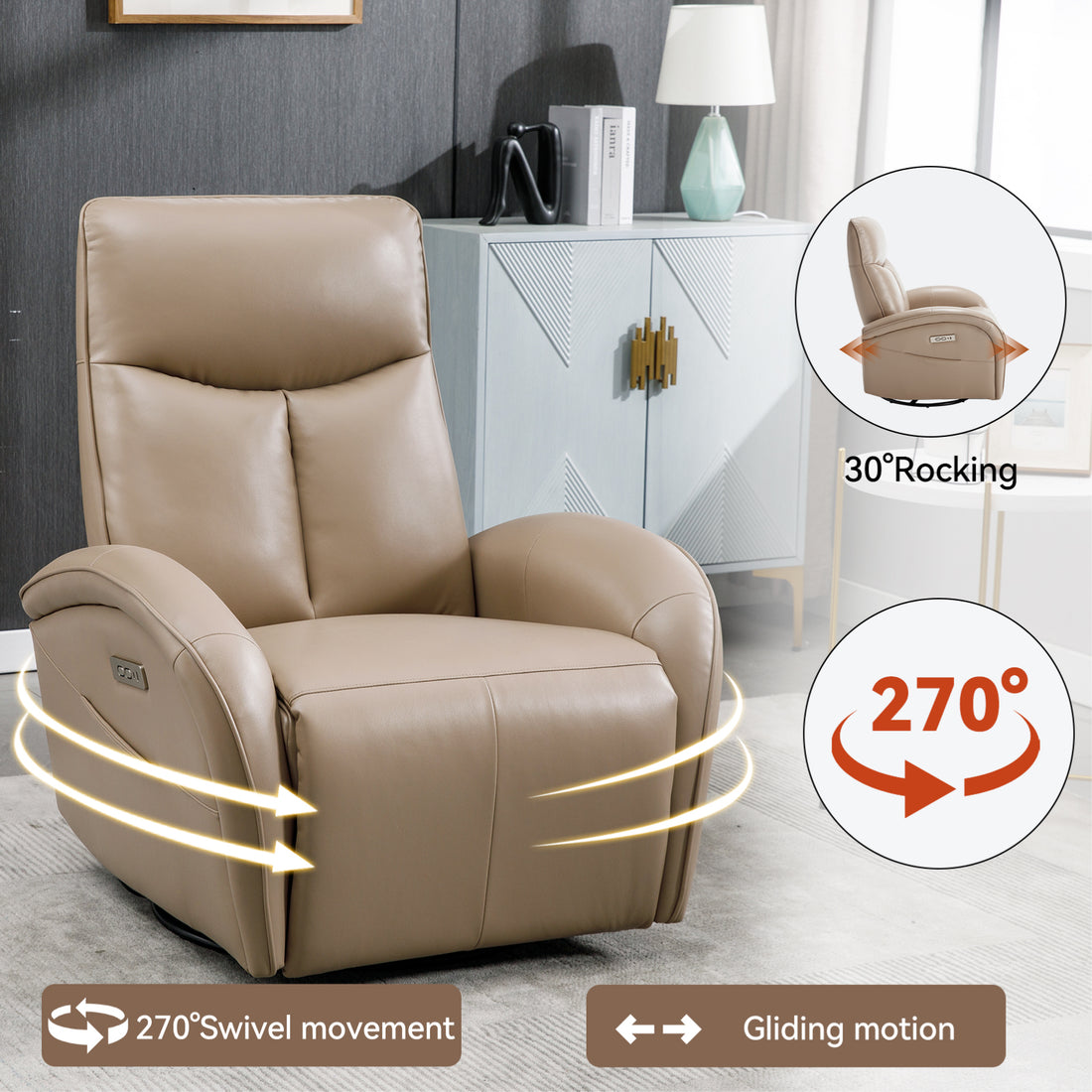 Brown Leatheraire Swivel And Rocker Power Recliner Chair With Lumbar Support, Max Swivel Degree 270 , Heavy Duty Motion Mechanism With Usb And Type C Ports Brown Faux Leather Power Push Button Metal Primary Living Space Medium Firm Pillow Back Heavy Duty