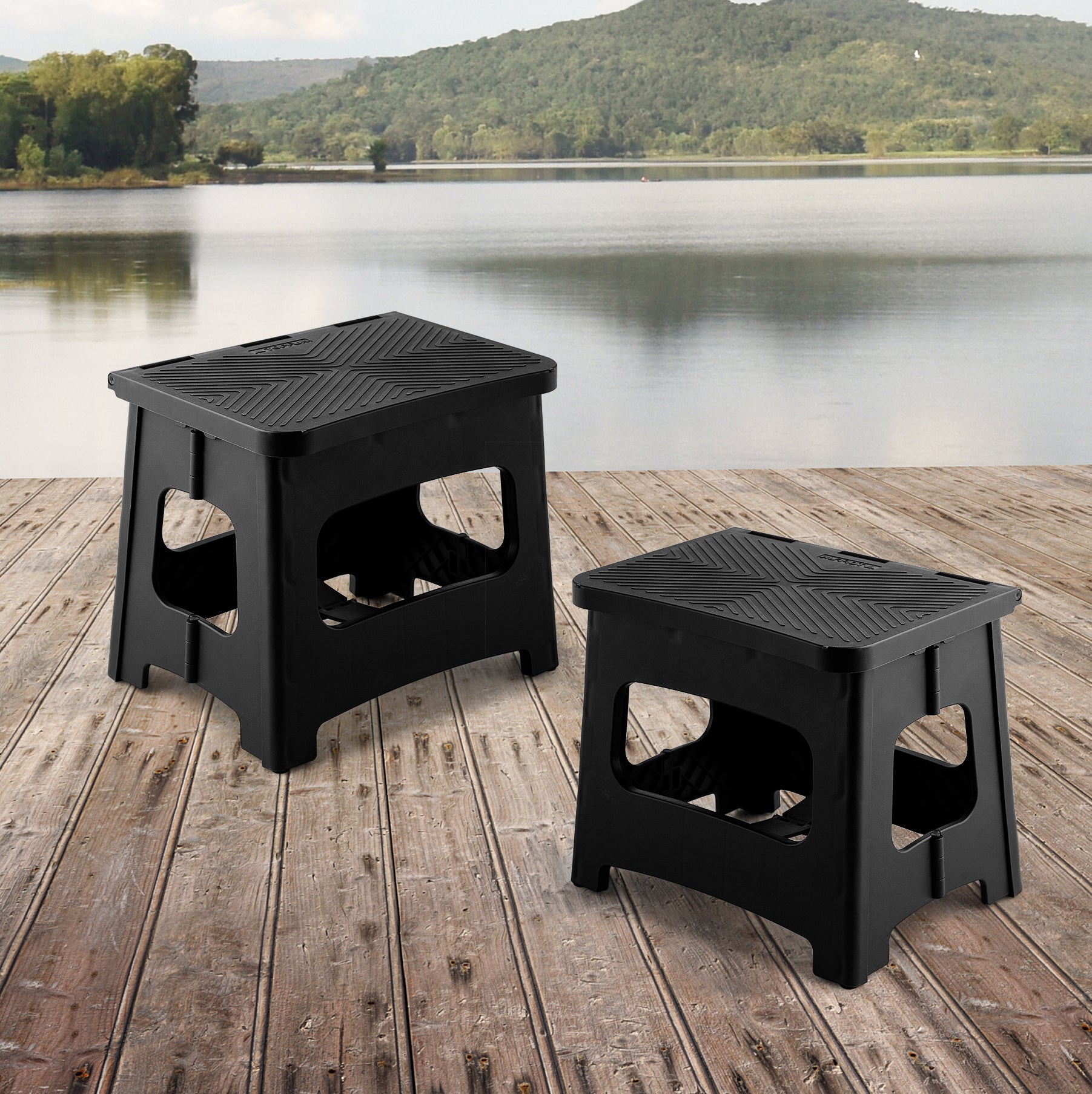 11In Folding Step Stool, Compact, Portable, Non Slip, 300 Lbs. Weight Capacity For Adults And Children. Secure Non Slip Top And Rubber Feet, Great For Home And Camping, Black Color Black