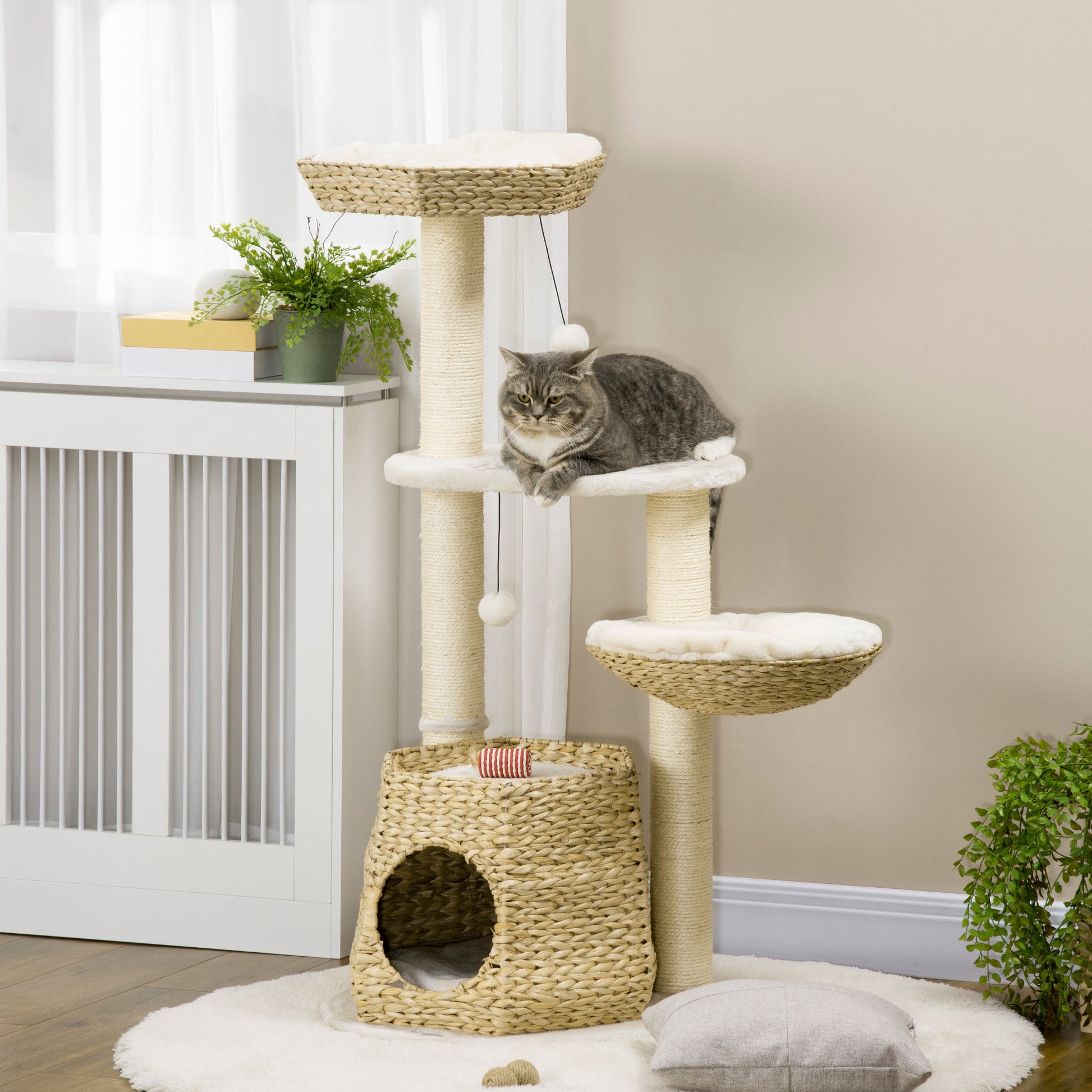 Pawhut 47" Cat Tree Kitty Activity Center, Cat Climbing Toy With Cattail Fluff, Bed, Condo, Sisal Scratching Post, And Hanging Ball, Natural Natural Wood Particle Board