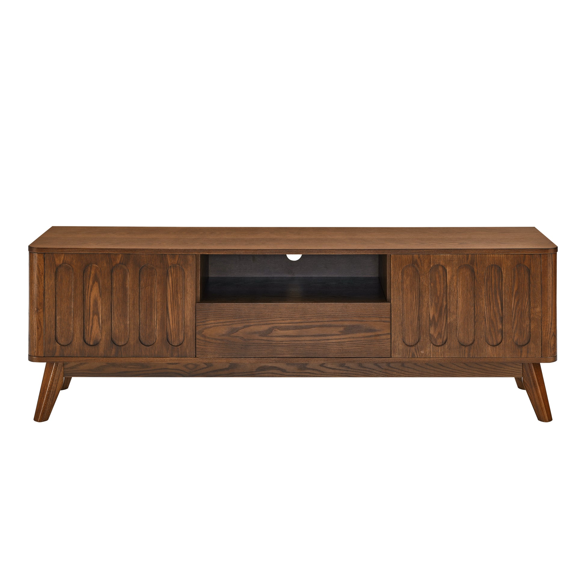 Mid Century Modern Fluted Tv Stand For 65 Inch Tv, Entertainment Center With Storage, Farmhouse Wood Media Console For Living Room Apartment Office, Accent Table, 2 Door & 1 Drawer & Solid Wood Leg Walnut 50 59 Inches Mdf