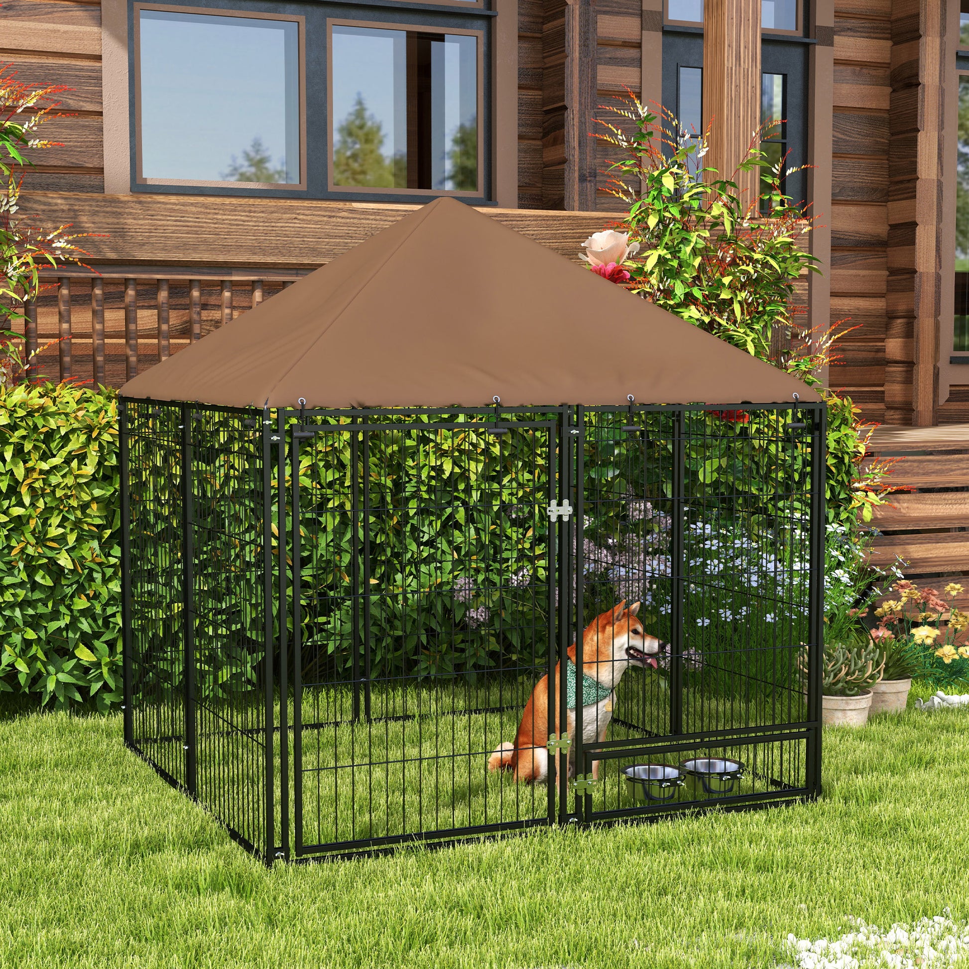 Pawhut Outside Dog Kennel, 4.6' X 4.6' X 5' Puppy Play Pen With Canopy, Garden Playpen Fence Crate Enclosure Cage Rotating Bowl, Black Black Steel