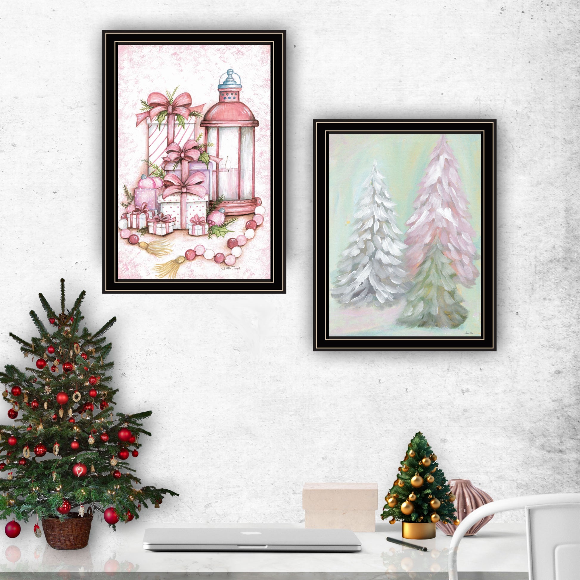 2 Piece Vignette Pink Candy Land Christmas Trees Black Framed Wall Art For Living Room, Bedroom Wall Art Print For Home Decor By Mary June Multi Wood Paper
