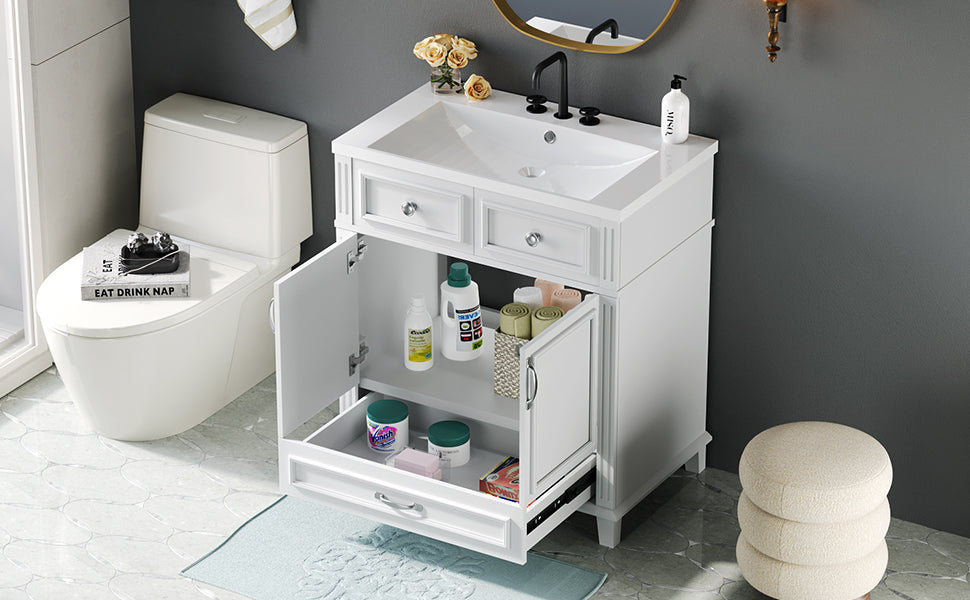 30'' Bathroom Vanity With Resin Sink, Solid Wood Frame Bathroom Storage Cabinet With Soft Closing Doors, Retro Style, White Same As Sw000118Aak White Bathroom Modern Solid Wood Mdf Resin