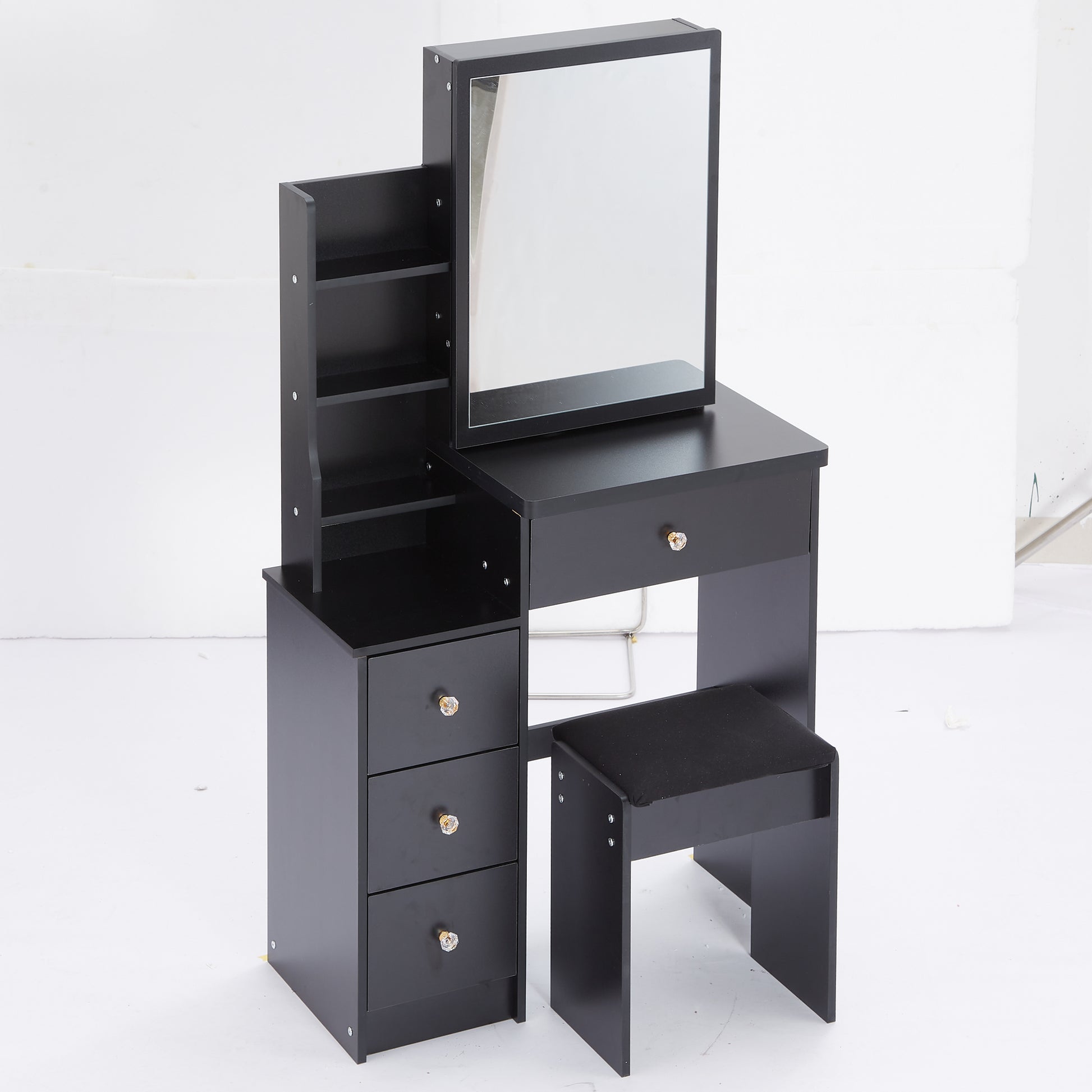Small Size Left Bedside Cabinet Vanity Table Cushioned Stool, Extra Large Sliding Mirror, Multi Layer, High Capacity Storage Fashionable Dresser, Suitable For Small Space, Epa,Gcc,Ul Certificate